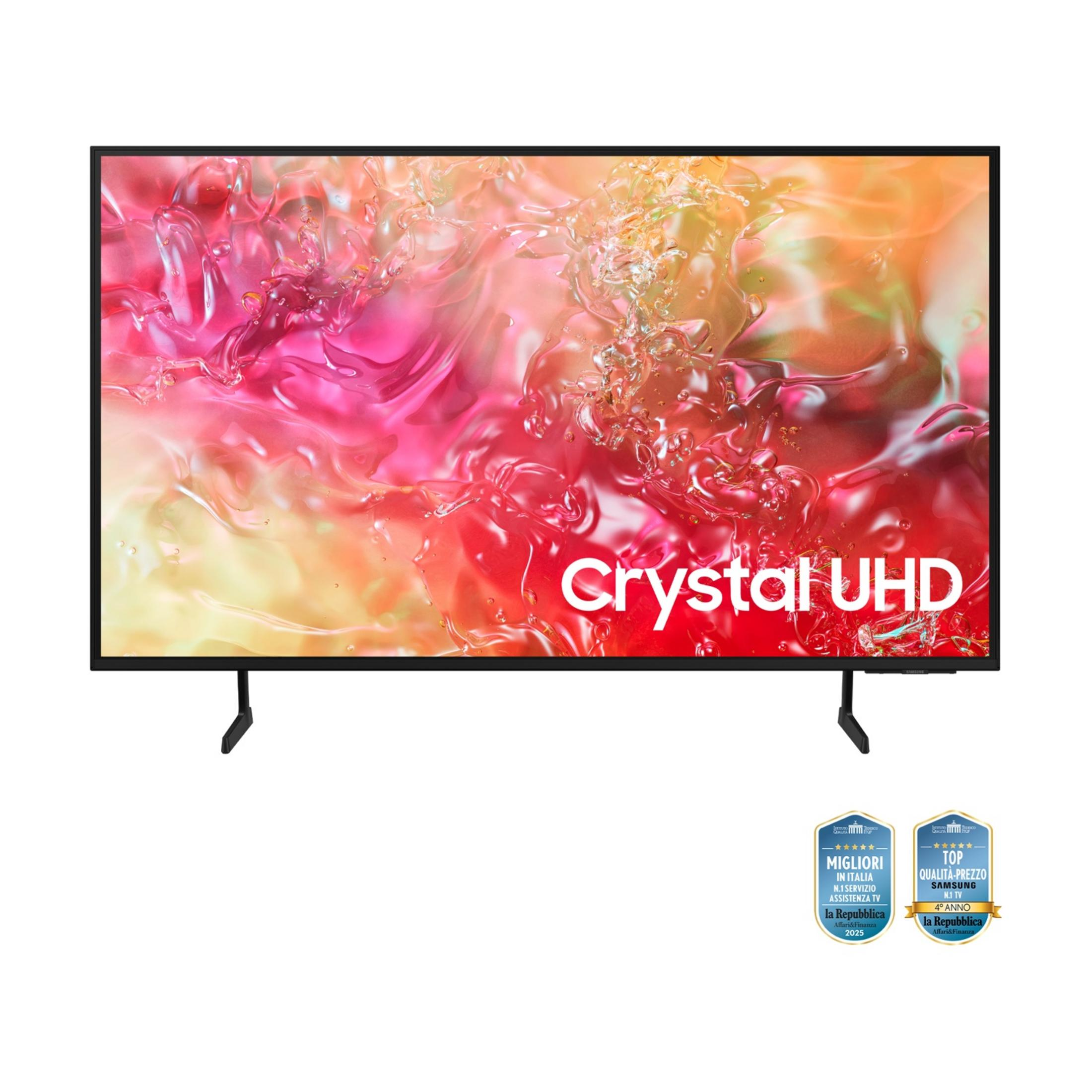 Telewizor Samsung Crystal UHD wyświetla abstrakcyjną, kolorową grafikę, z dwoma nagrodami poniżej.