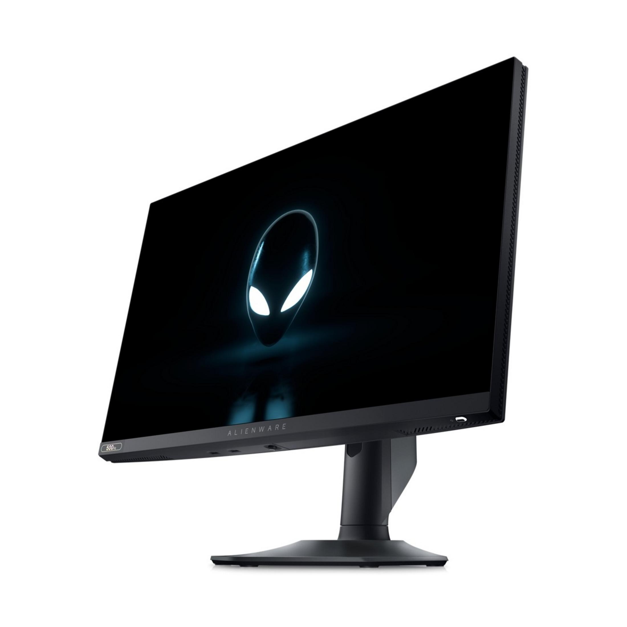 Monitor Alienware wyświetla świecącą głowę obcego na czarnym ekranie.