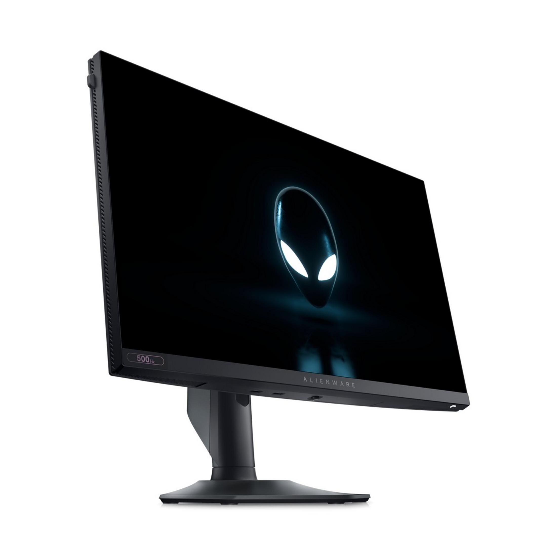 Monitor Alienware wyświetlający logo obcej głowy i wskaźnik 500Hz.