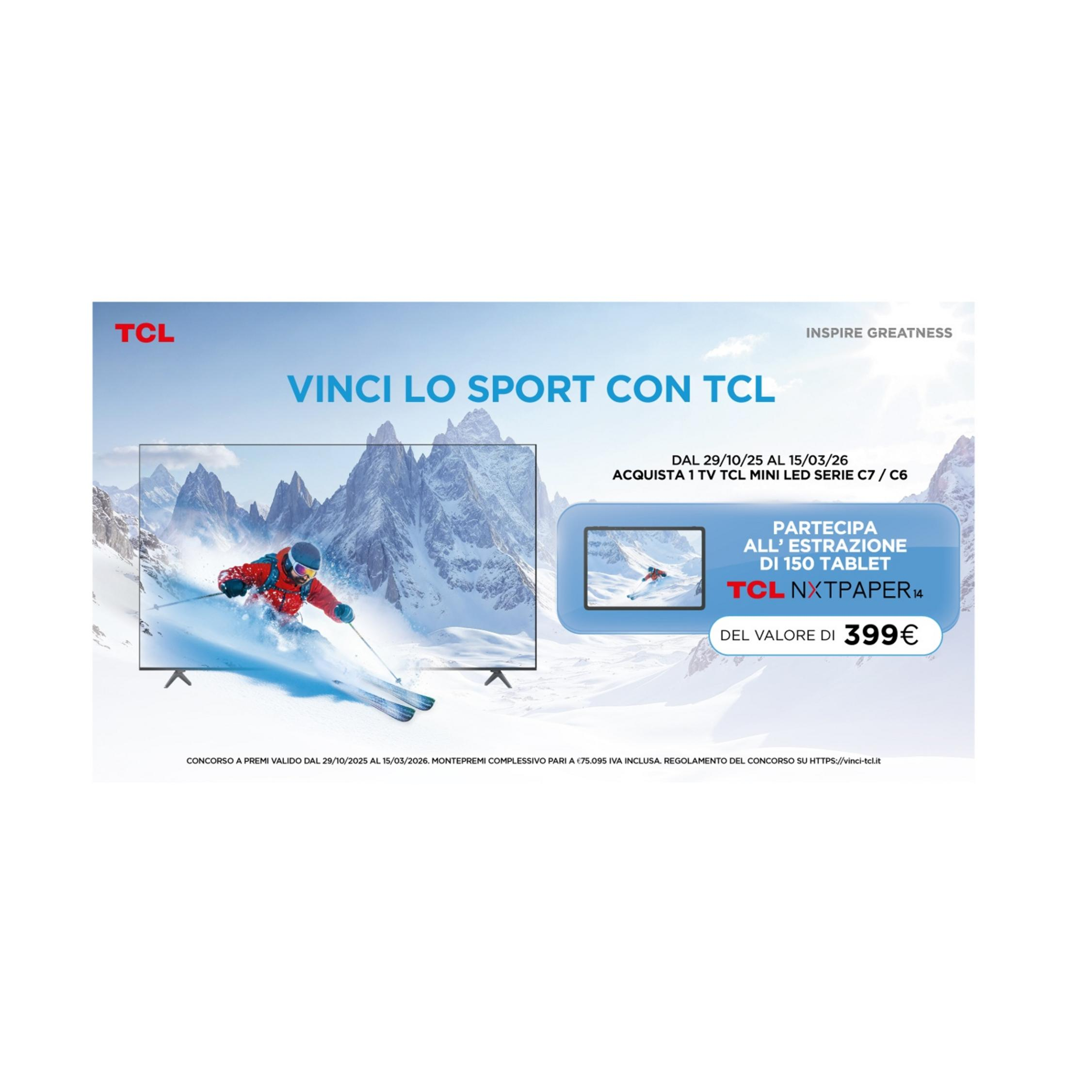 Narciarz zjeżdża ze śnieżnego zbocza góry, reklamowane przez TCL.