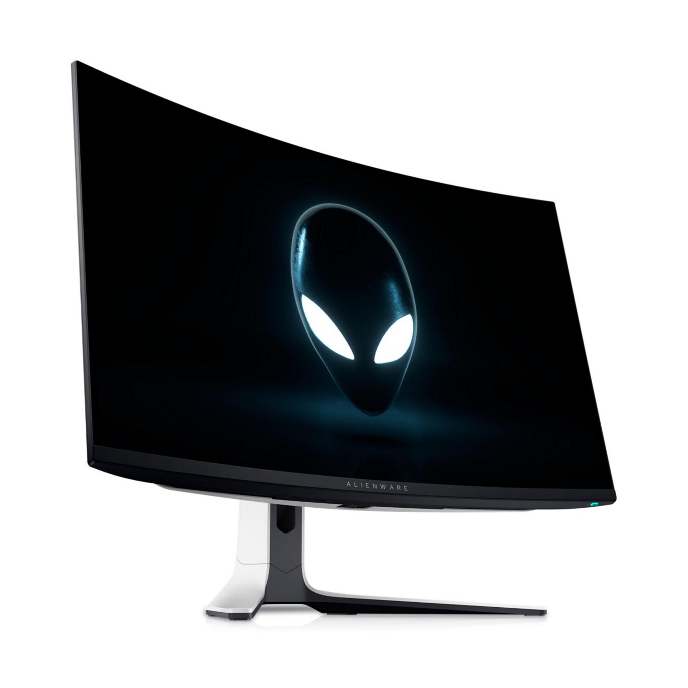 Zakrzywiony monitor Alienware z logo obcego na ekranie.