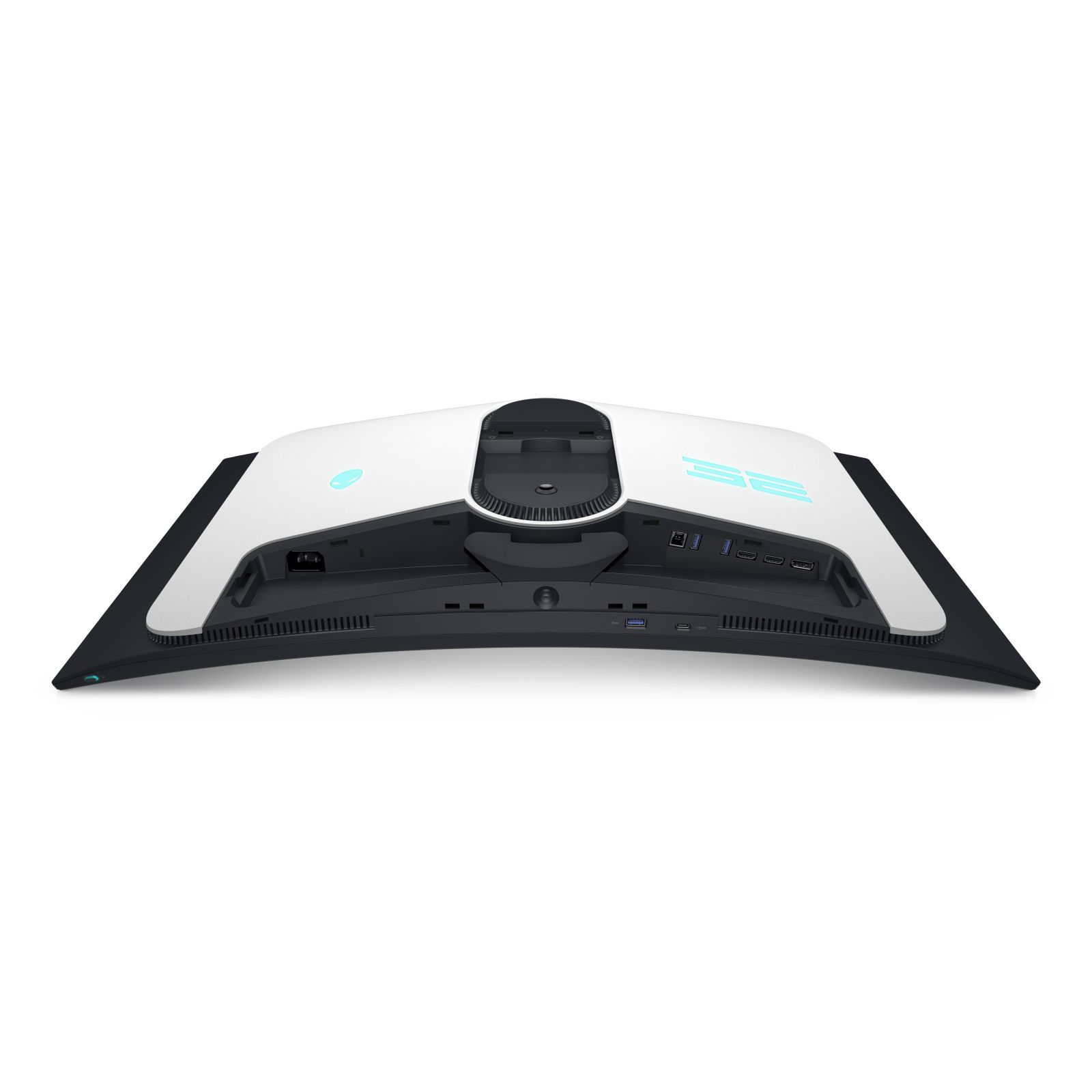 Tył zakrzywionego monitora z portami i niebieskimi akcentami.