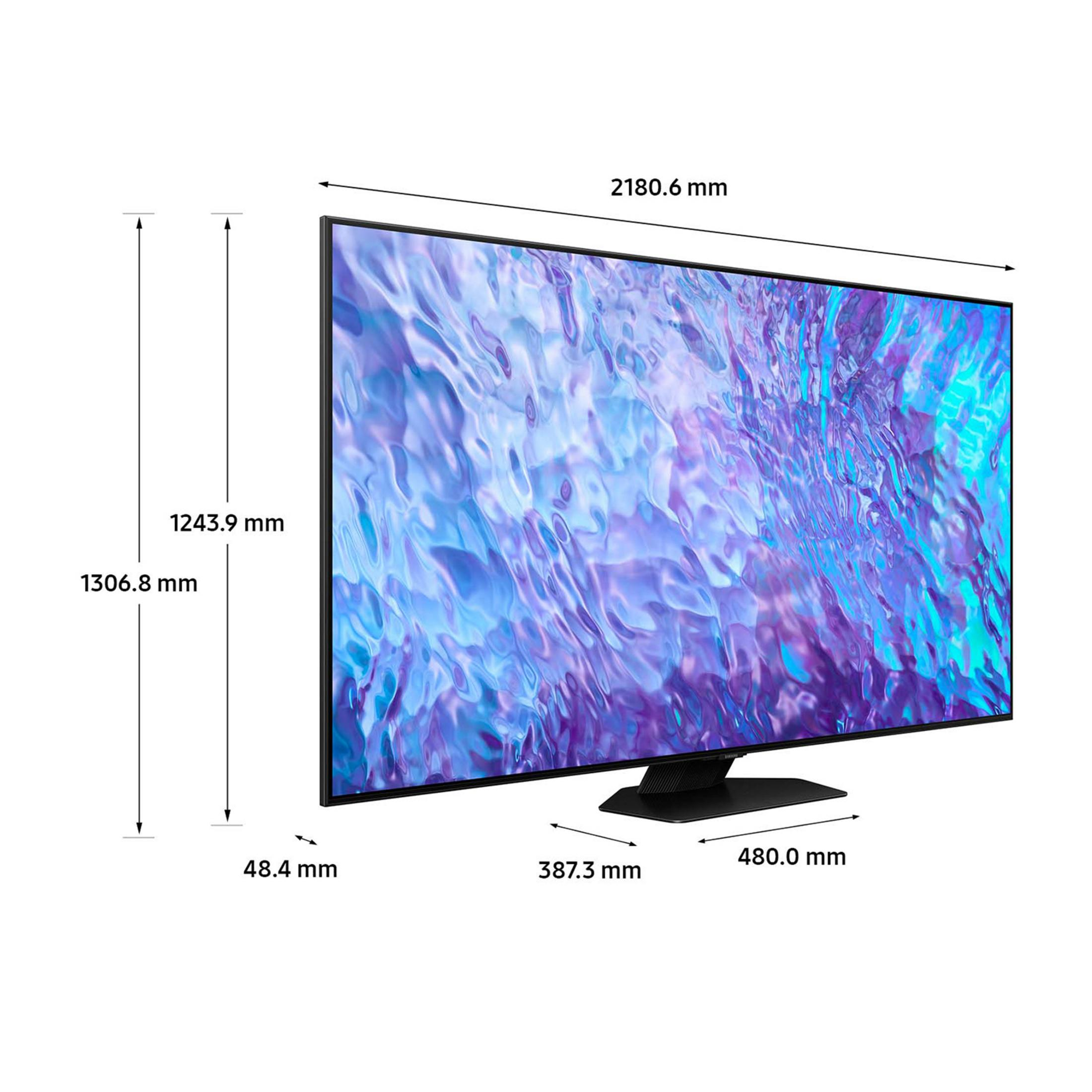 Un grande televisore nero con schermo a motivi blu e viola. Dimensioni mostrate.