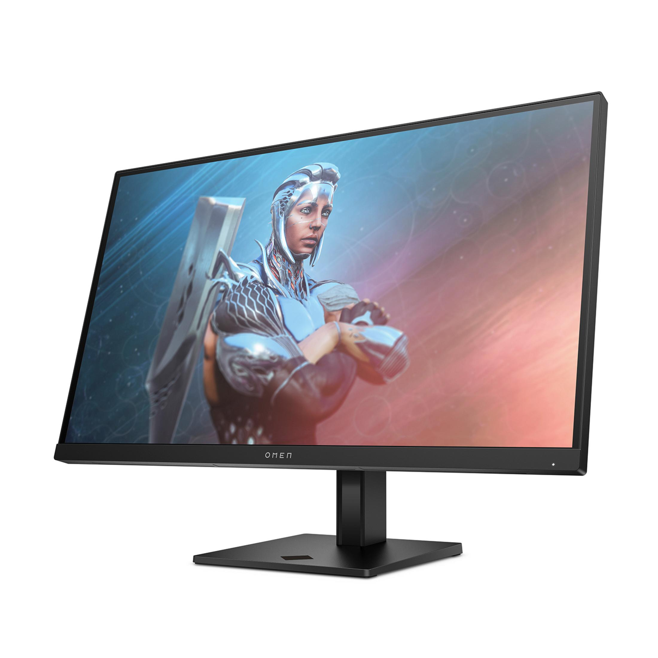Monitor Omen wyświetla futurystyczną wojowniczkę w niebiesko-srebrnej zbroi.
