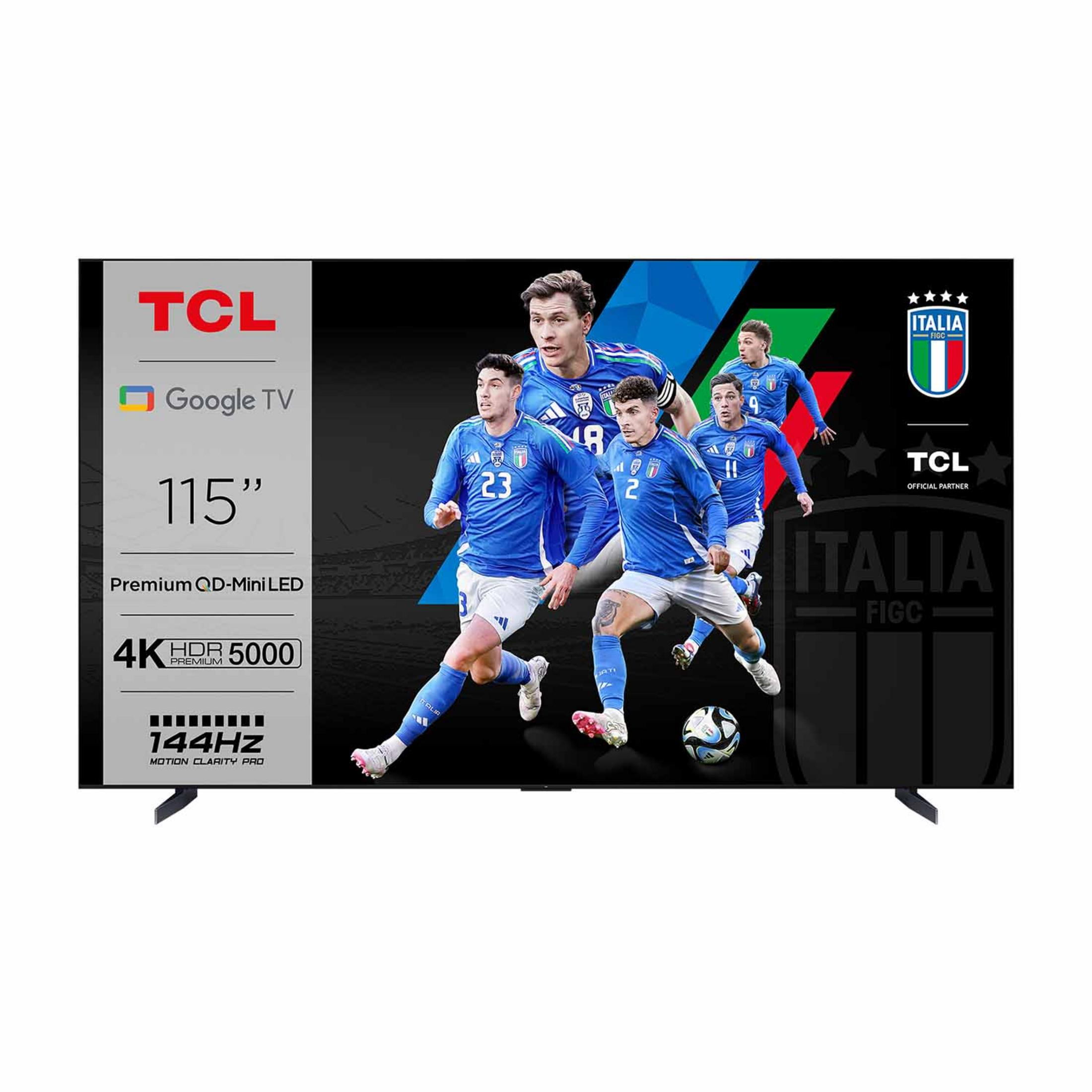 TCL 115-Zoll Google TV mit italienischen Fußballspielern und dem FIGC-Logo.