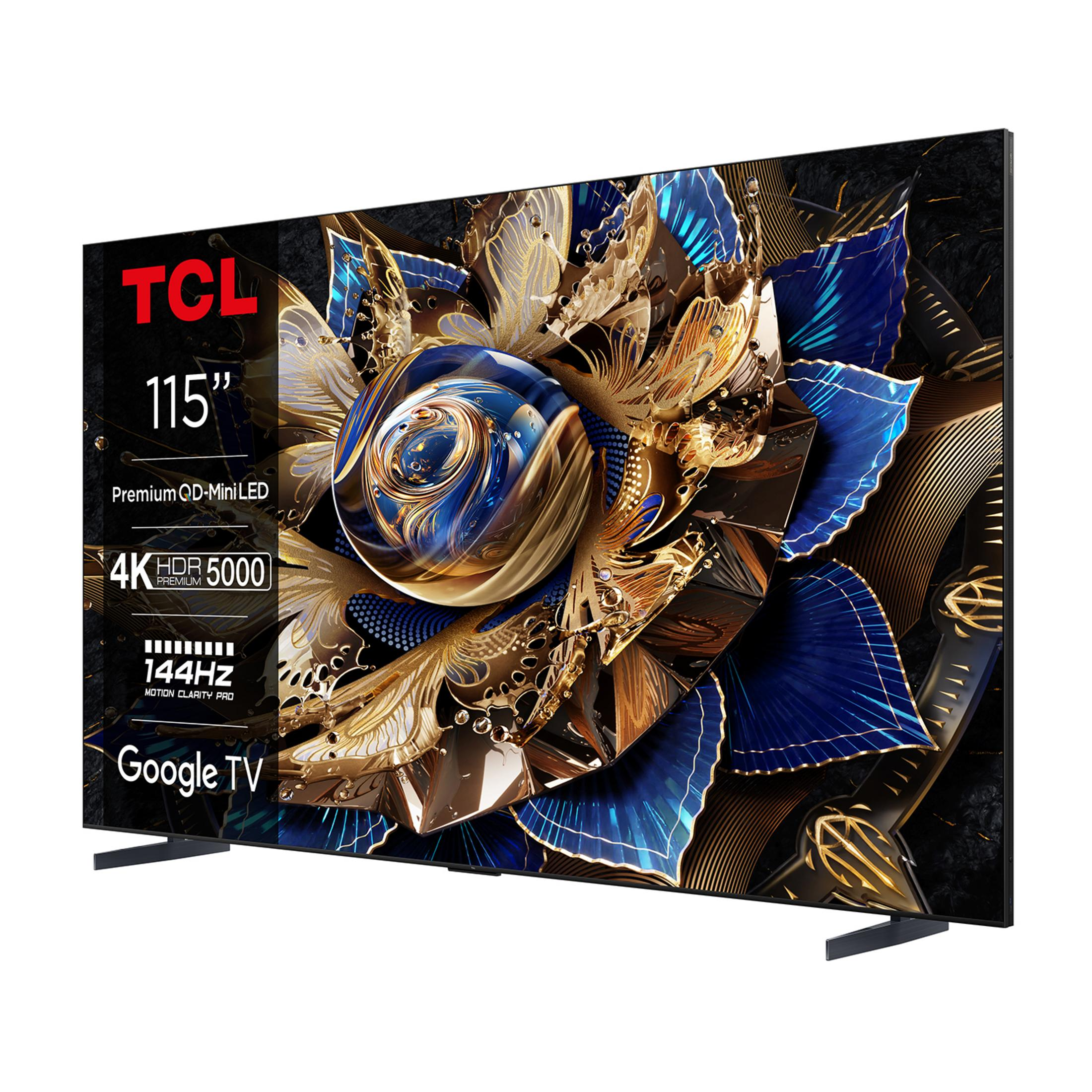 Ein großer TCL 115-Zoll 4K QD-Mini LED Fernseher mit Google TV und einem abstrakten Bild.