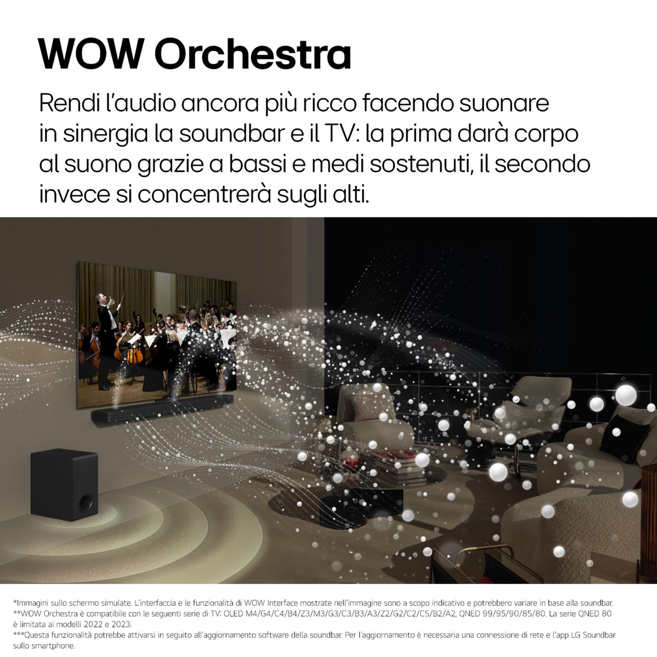 Una orquesta actúa en una pantalla, junto a un subwoofer y una sala de estar.