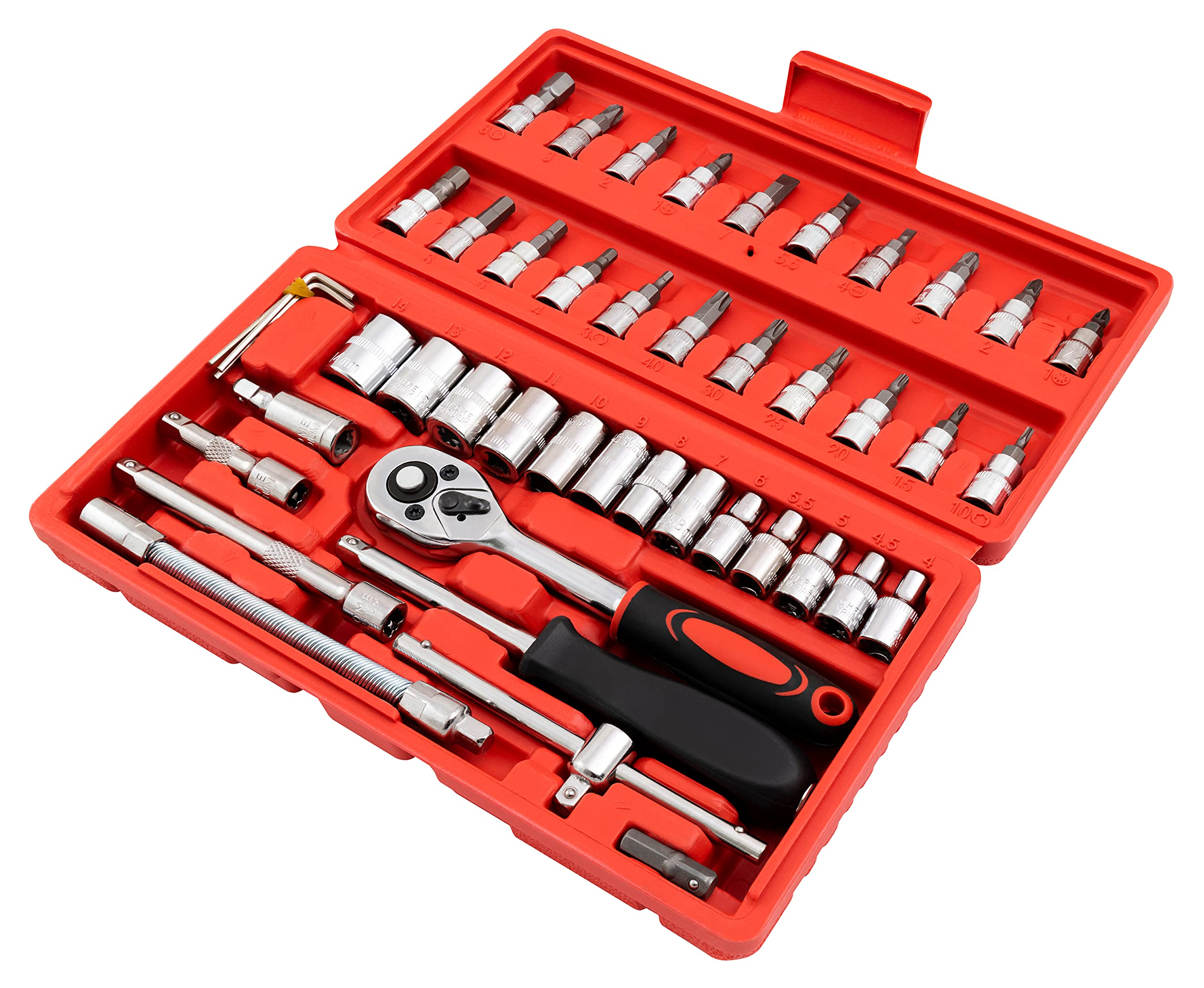 Ein rotes Werkzeugkasten-Set mit vielen Steckschlüsseln, einer Ratsche und Bits.