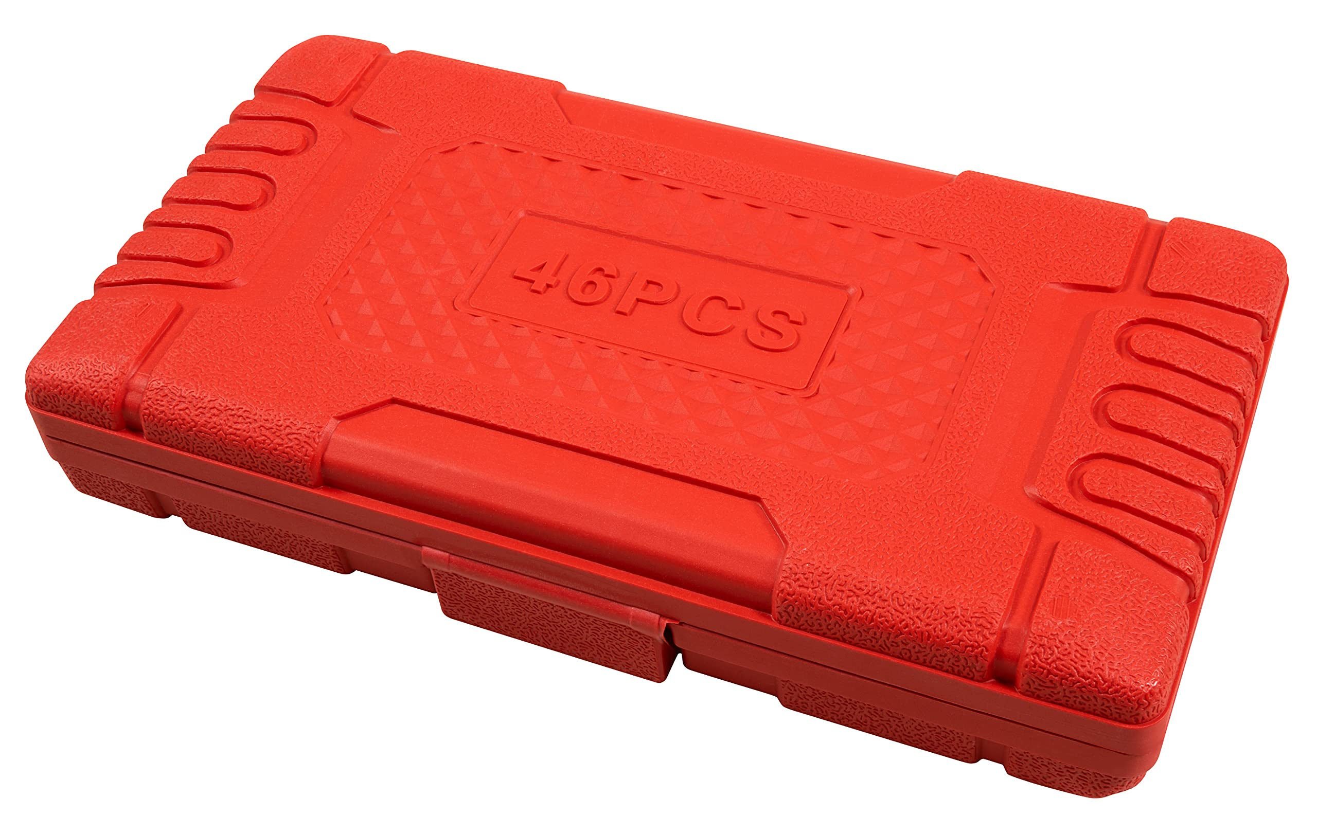 Rote Aufbewahrungsbox mit der Aufschrift "46PCS" und strukturierten Oberflächen.