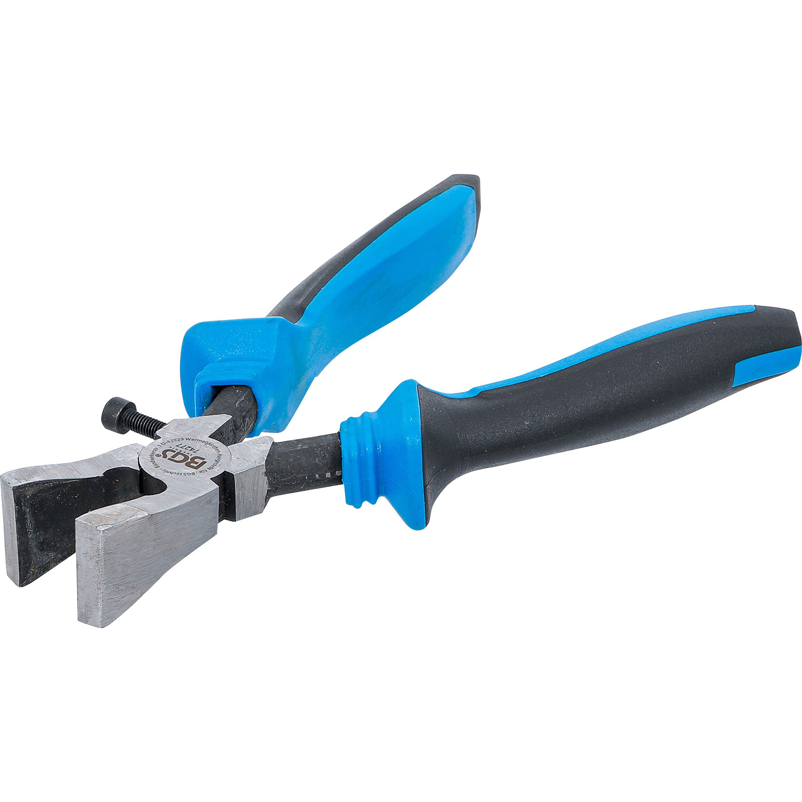 Eine Zange mit blau-schwarzen Griffen und Metallbacken.