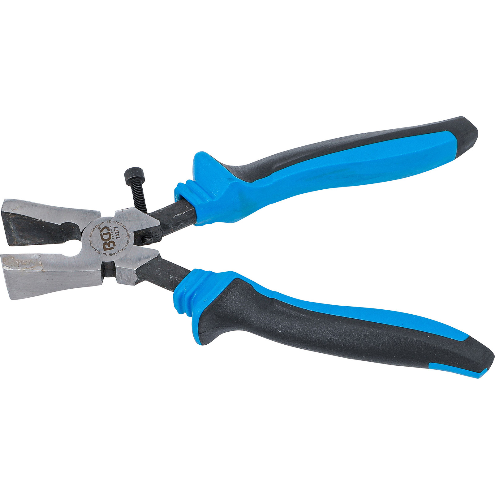 Eine Zange mit blauen und schwarzen Griffen und Metallbacken.