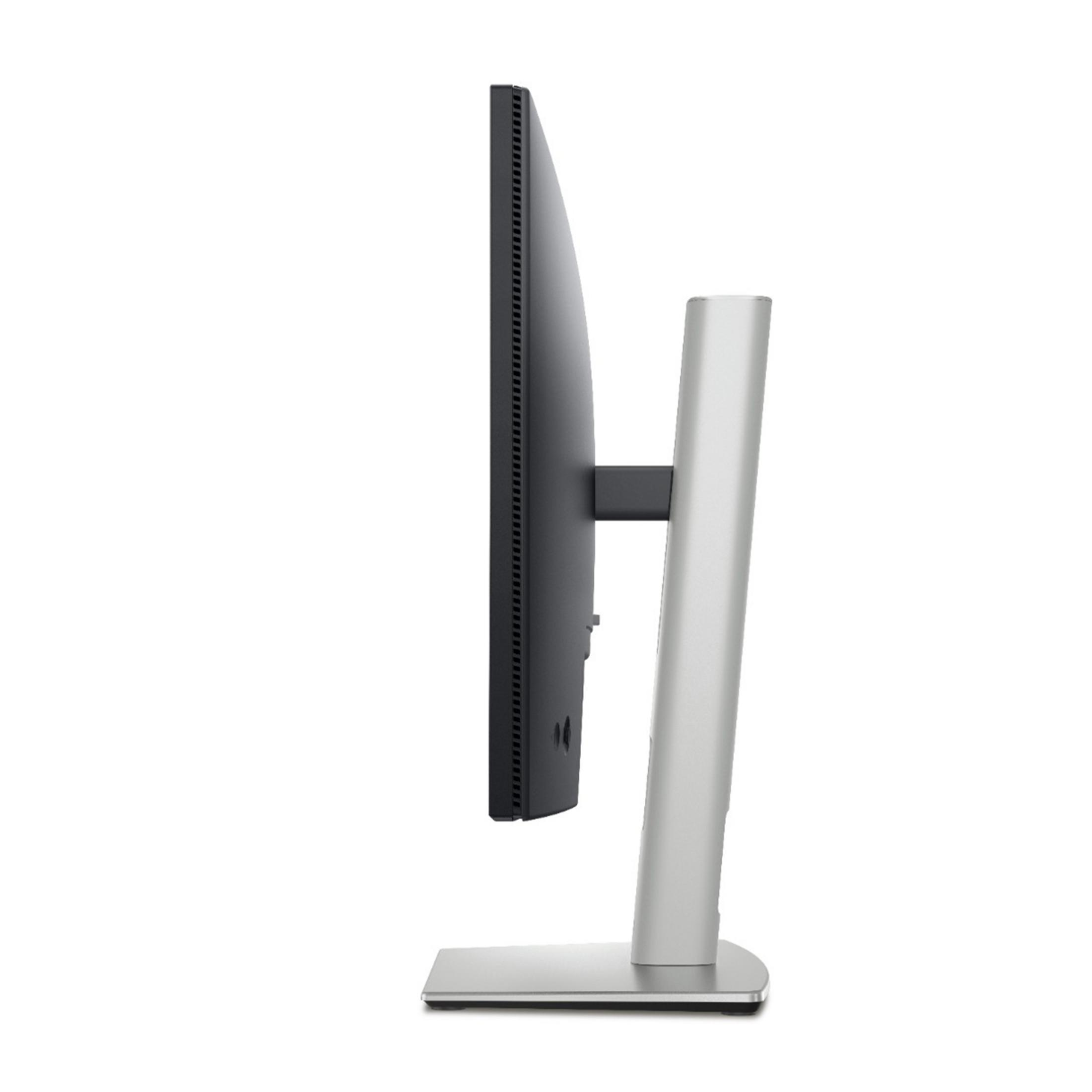 Widok z boku czarnego monitora ze srebrną podstawą na białym tle.