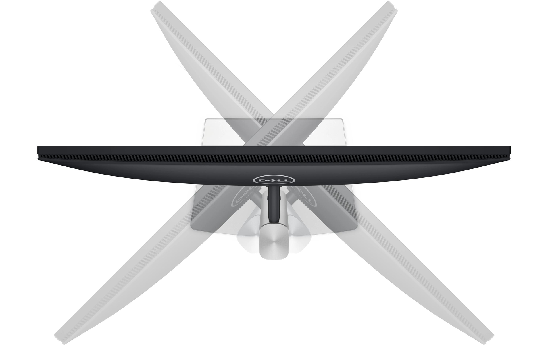 Monitor Dell ze srebrną podstawą, ekran pokazany w różnych pozycjach.