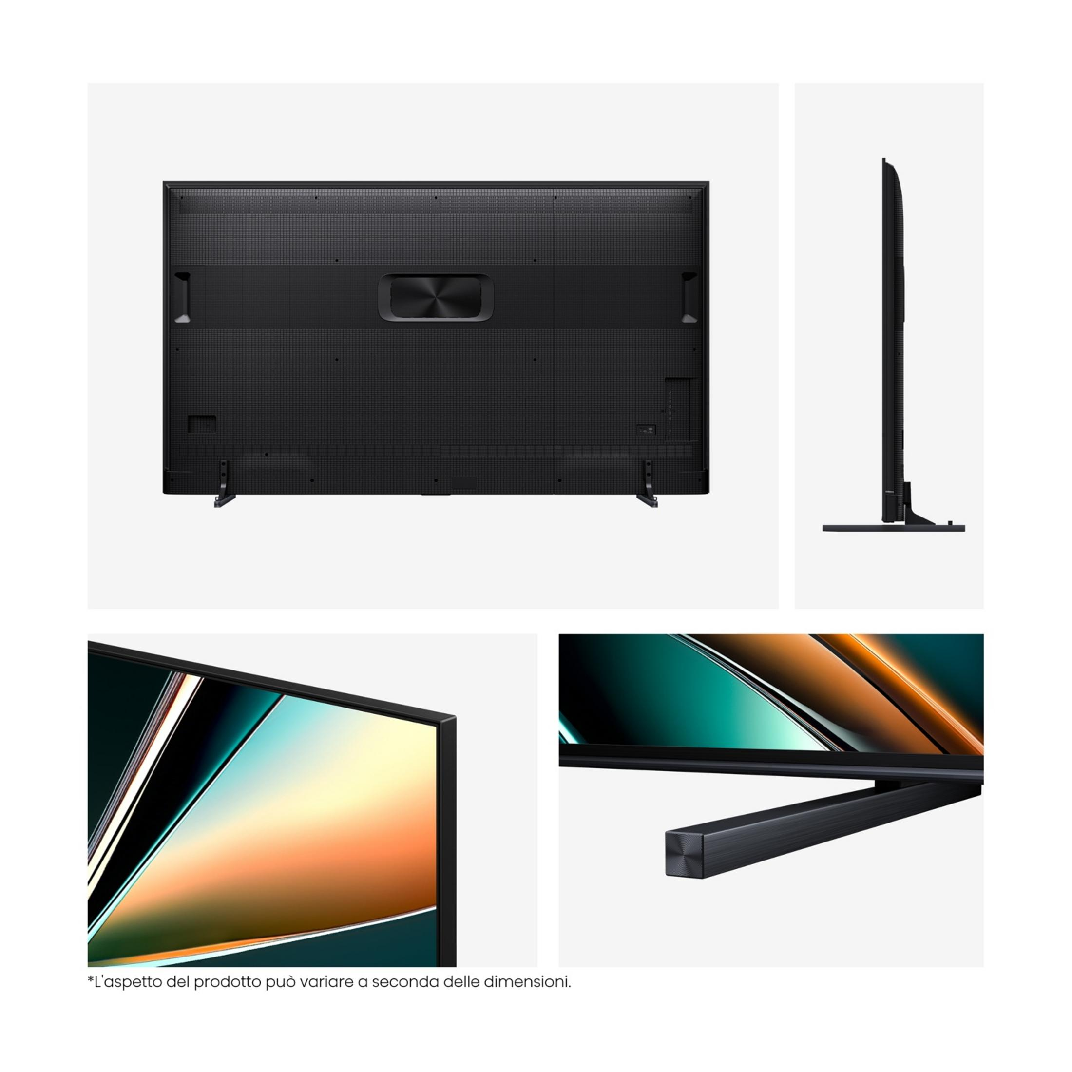 TV nero: Retro, vista laterale, primi piani schermo e supporto. Design minimalista.