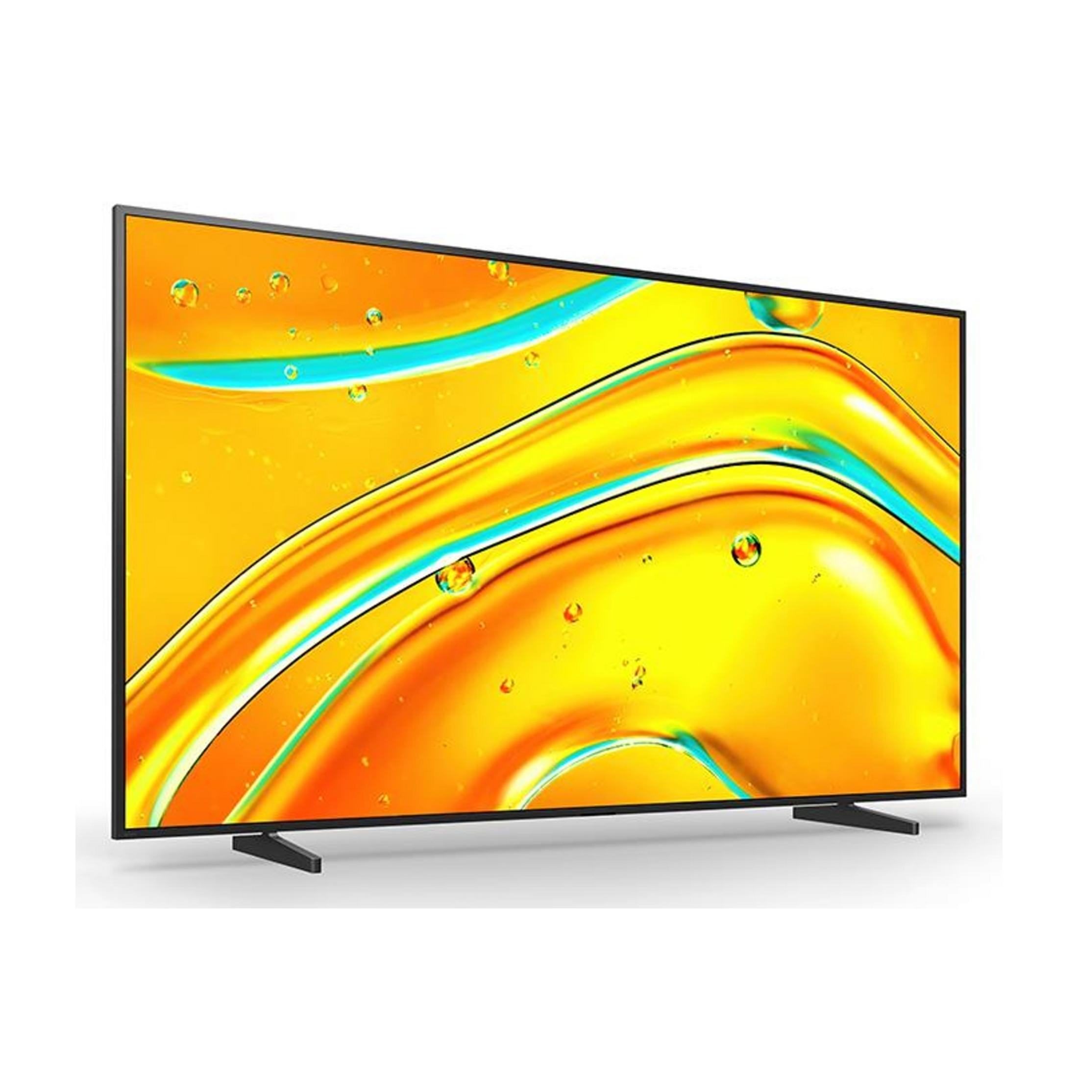 Una TV moderna con schermo astratto colorato su un piedistallo sottile.