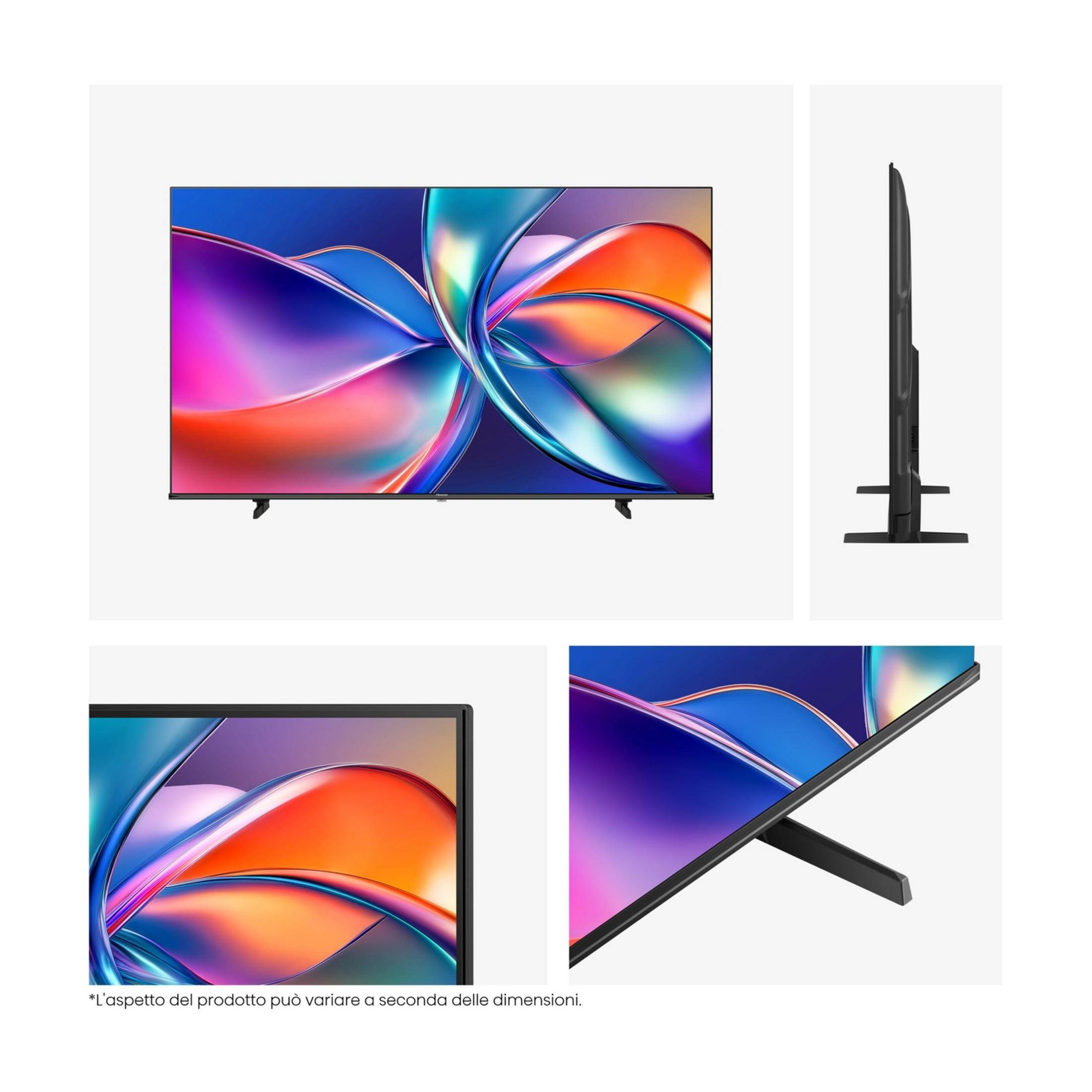 Een moderne tv met levendige abstracte achtergrond, getoond van voren, zijkant en detail.
