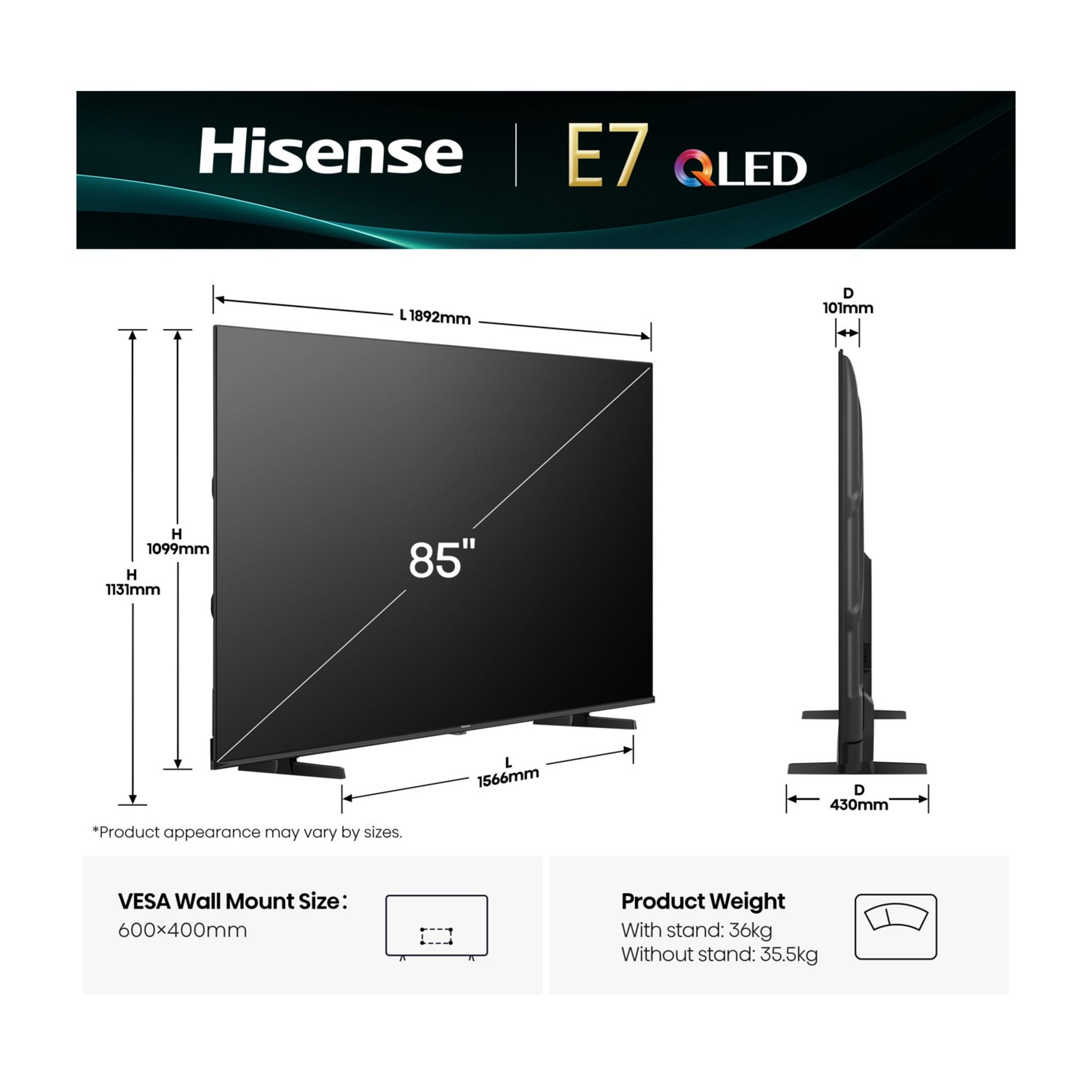 Hisense E7 QLED 85-inch TV met afmetingen en gewicht. VESA 600x400.