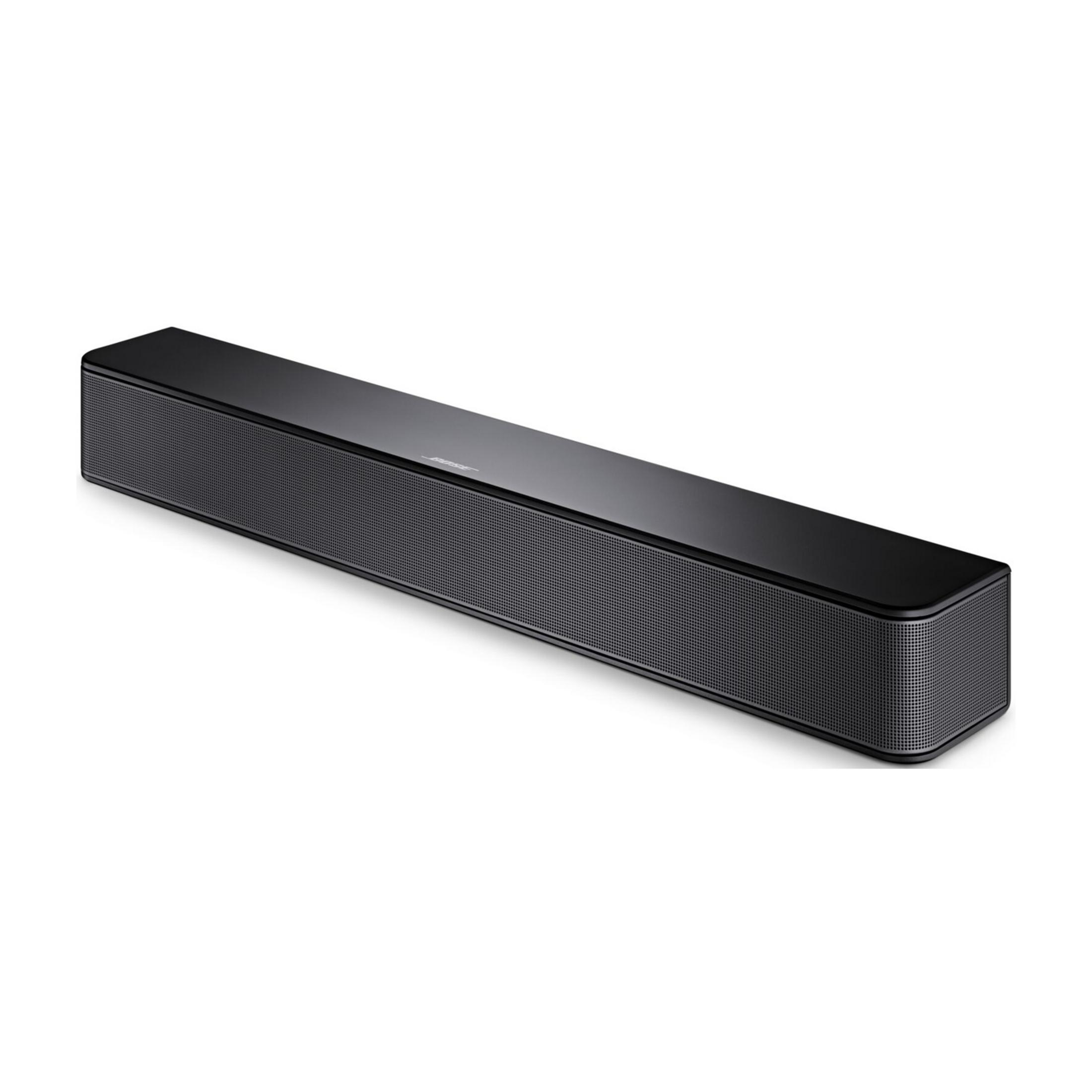 Una barra de sonido negra y rectangular con frente perforado sobre fondo blanco.