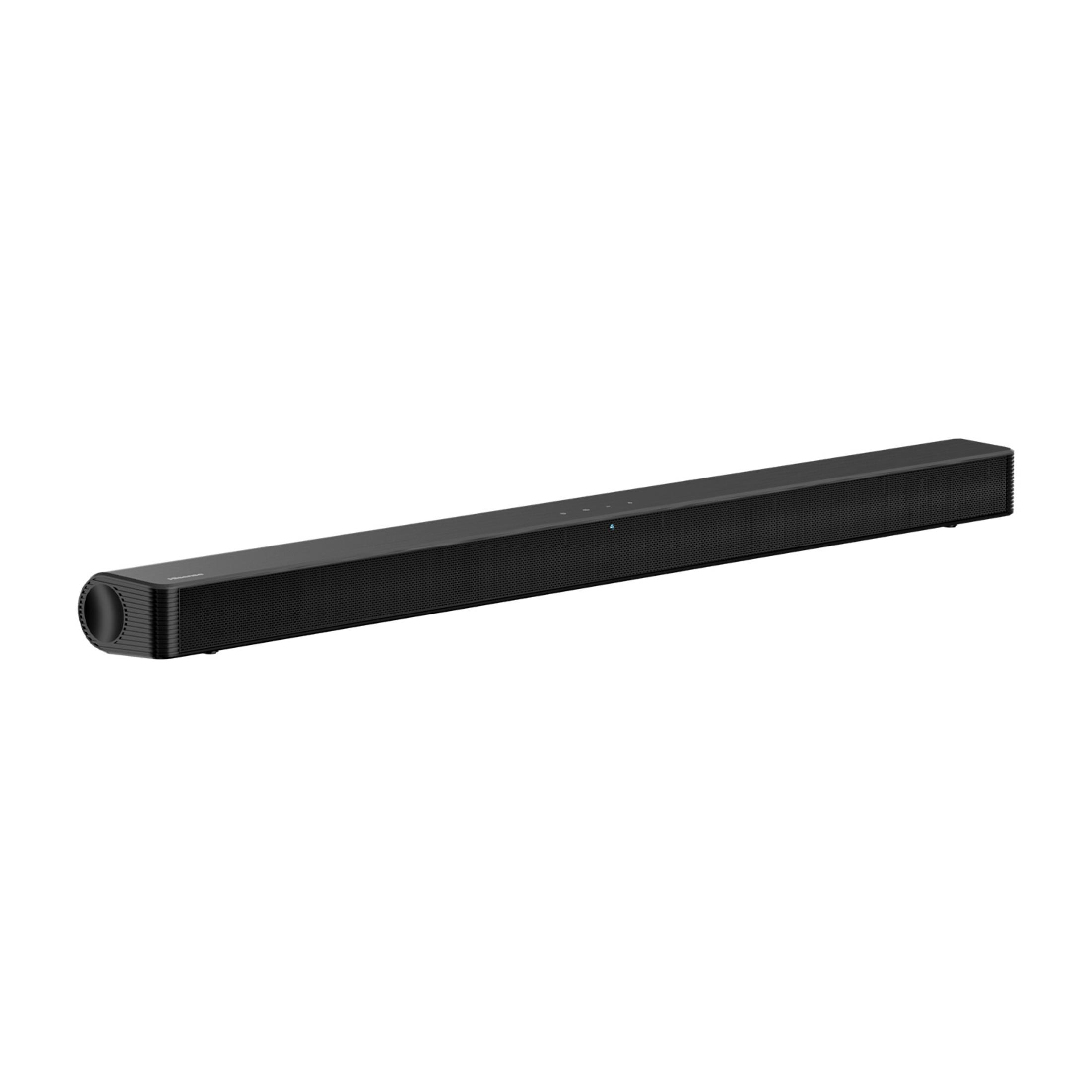 Schwarzer, rechteckiger Soundbar-Lautsprecher mit Gitter auf der Vorderseite.