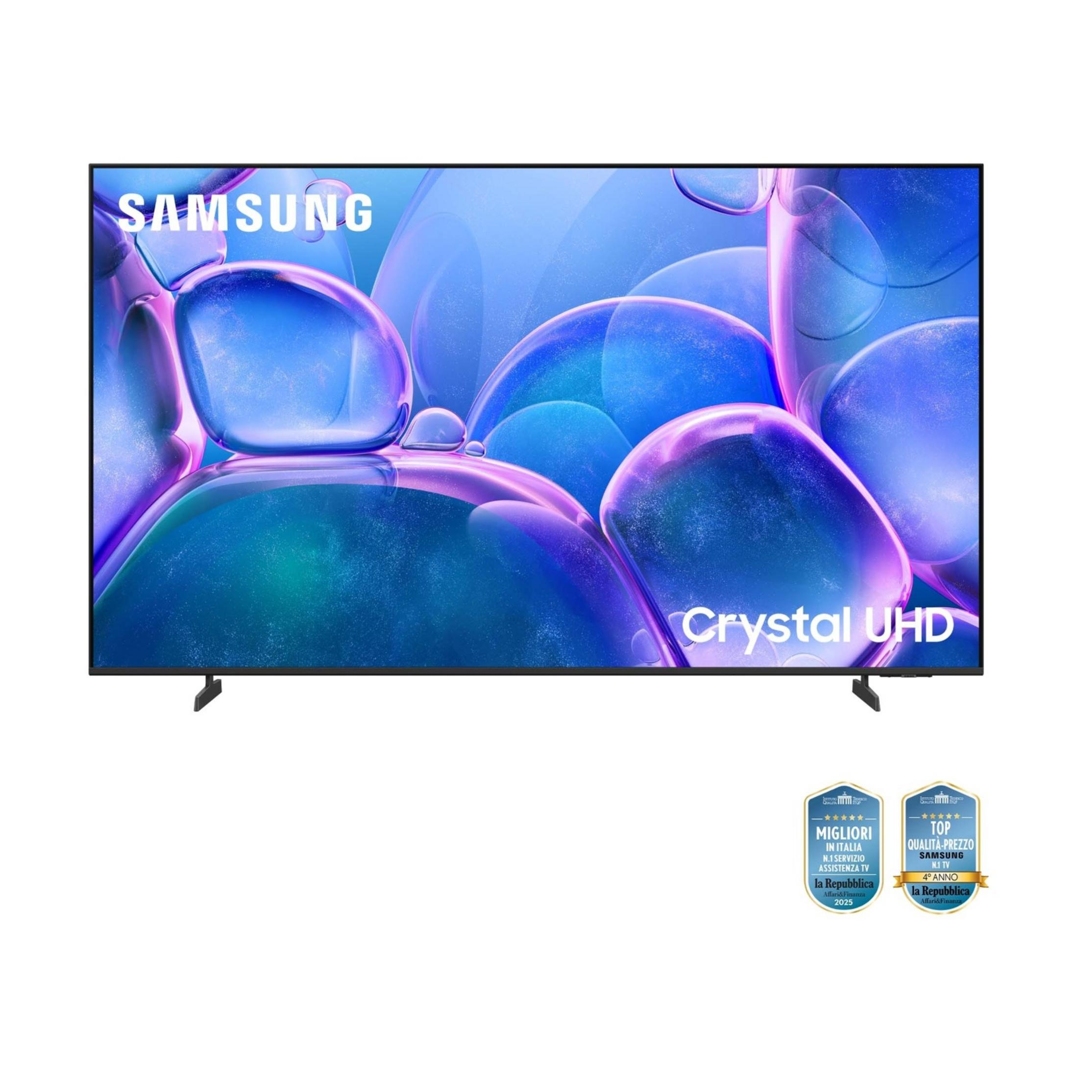 Ein Samsung Crystal UHD TV mit blau-lila Hintergrund und Auszeichnungen.