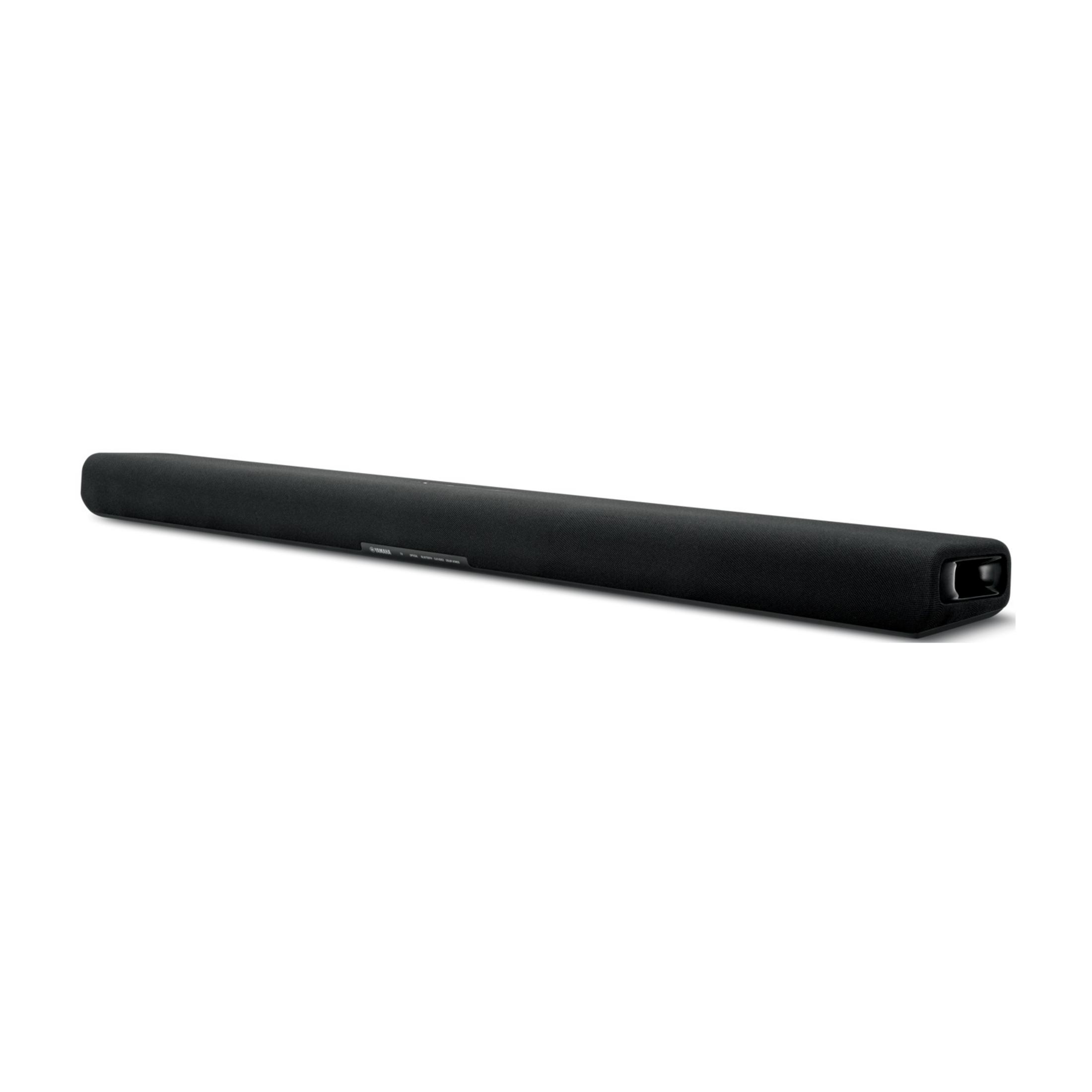 Soundbar nero e sottile su sfondo bianco.