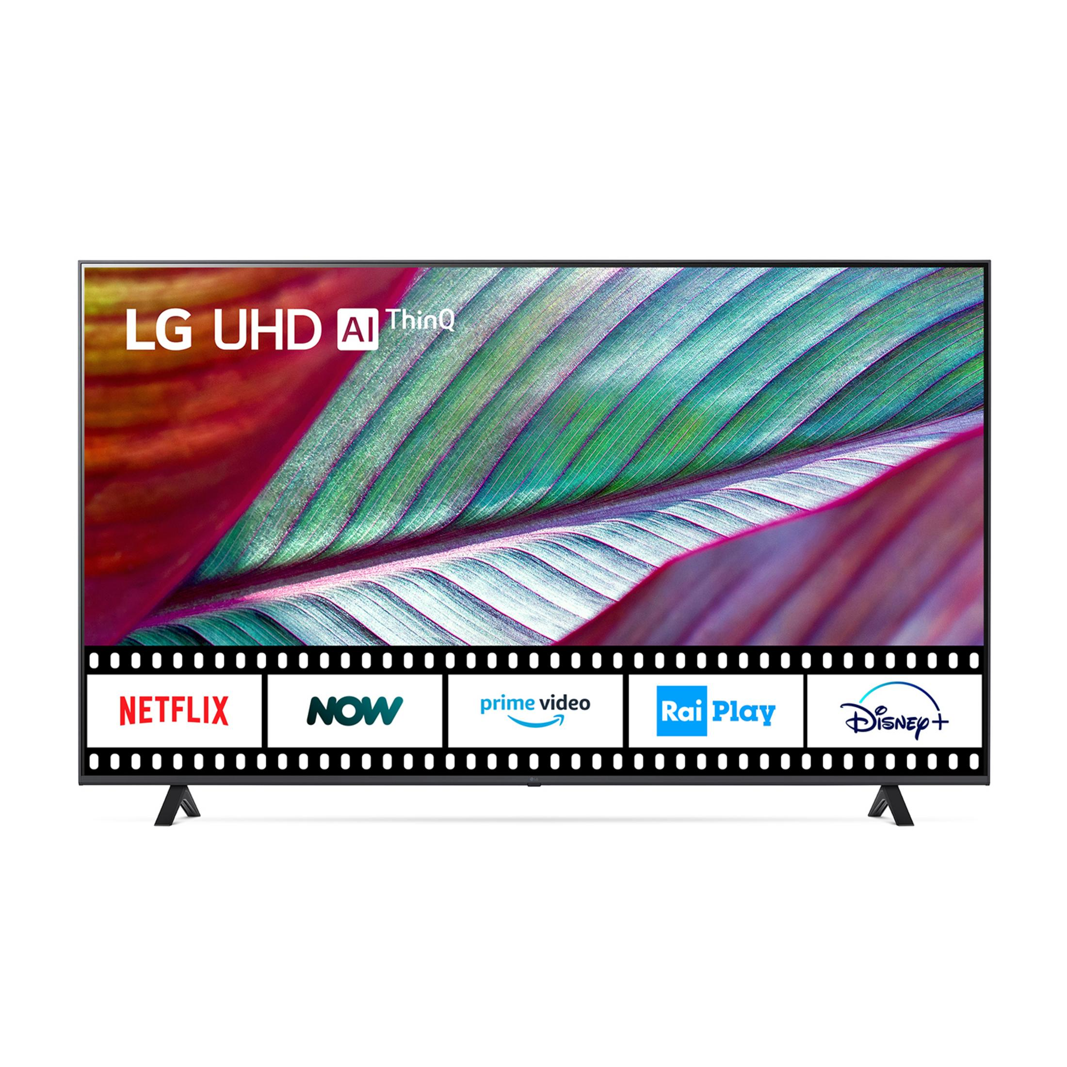 Una TV LG UHD ThinQ che mostra i loghi di streaming: Netflix, NOW, Prime Video, Rai Play, Disney+.