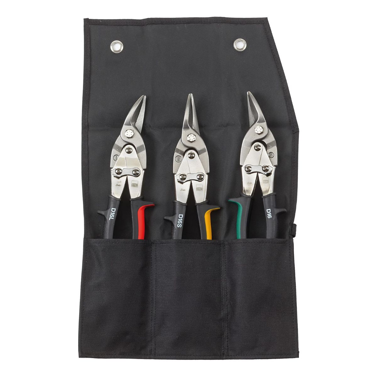 Drei Metallschneider mit farbigen Griffen in einer schwarzen Stofftasche.