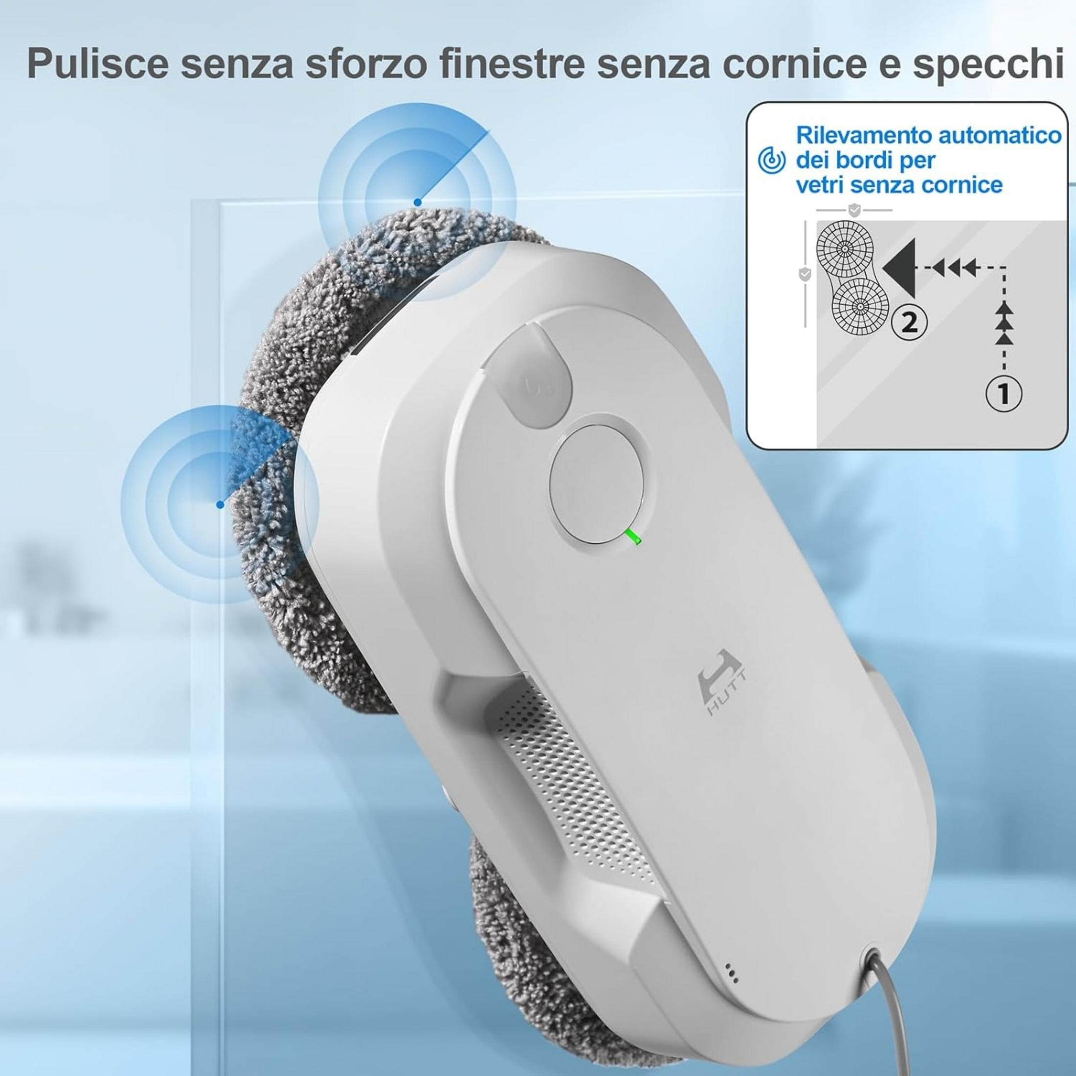 Un robot bianco pulisce una finestra. Cerchi blu indicano sensori.