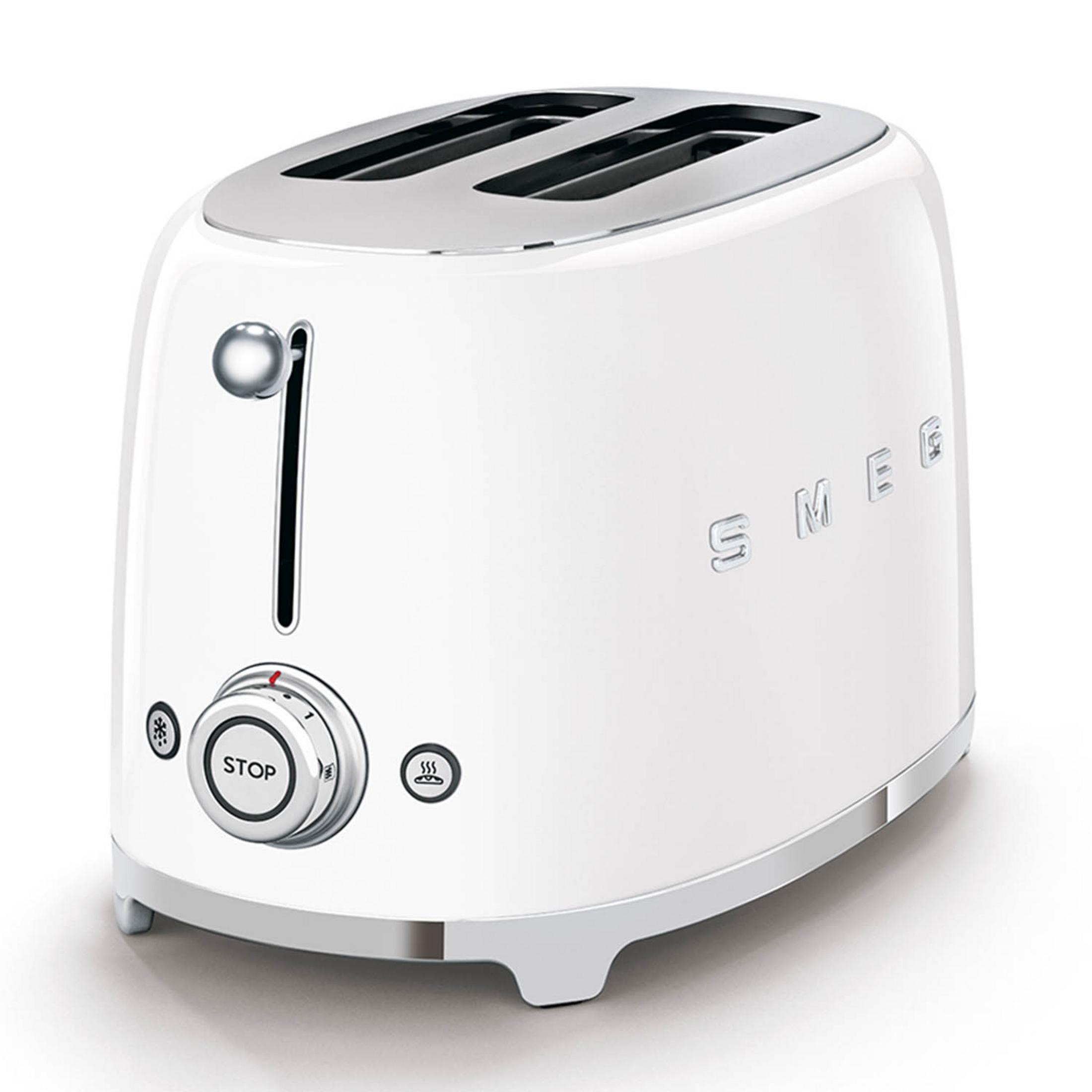Ein weißer SMEG-Toaster mit zwei Schlitzen und Chromdetails.