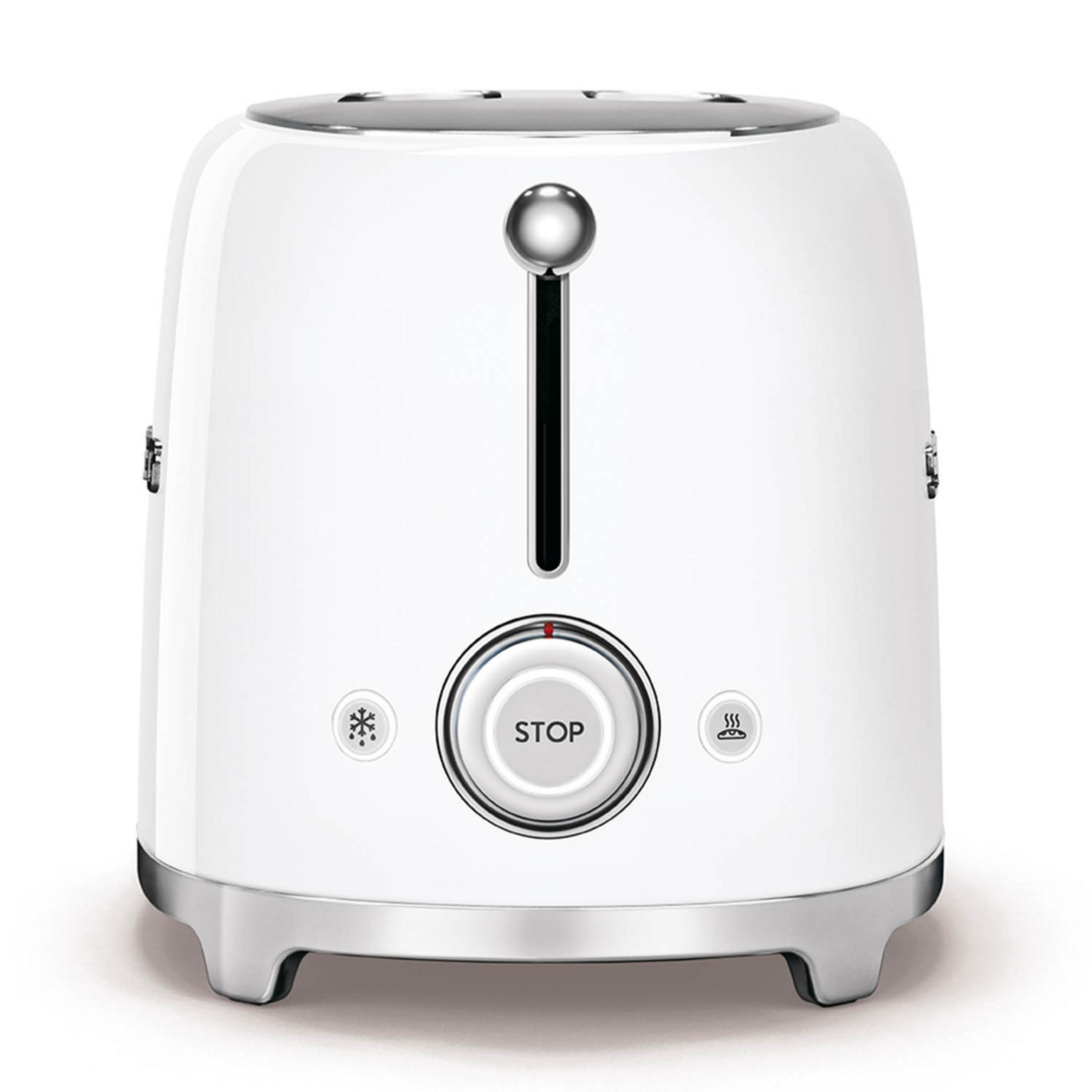 Ein weißer Toaster mit silbernen Akzenten und einem roten Stoppknopf.