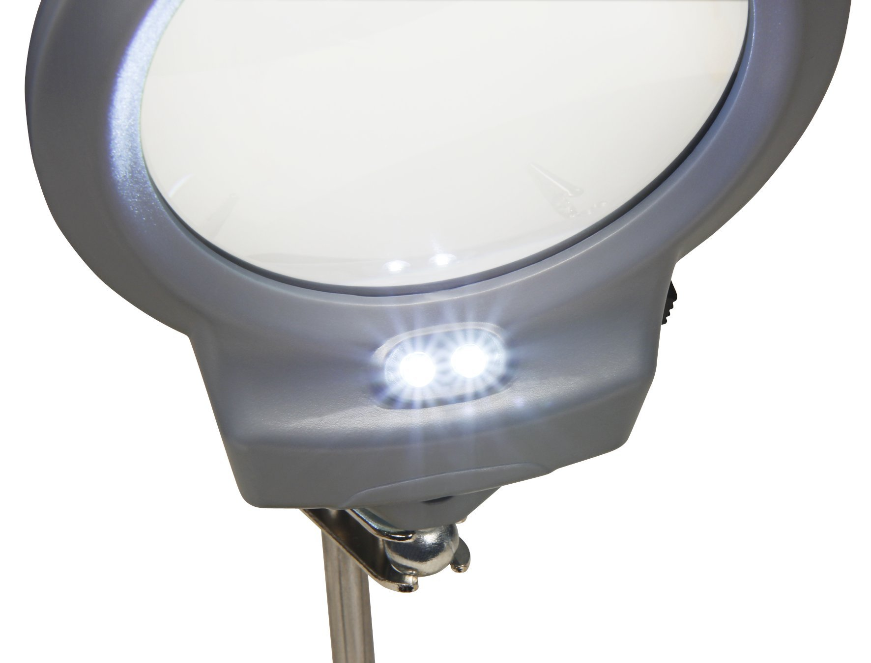 Graue Lupe mit zwei hellen LEDs, die nach unten leuchten.