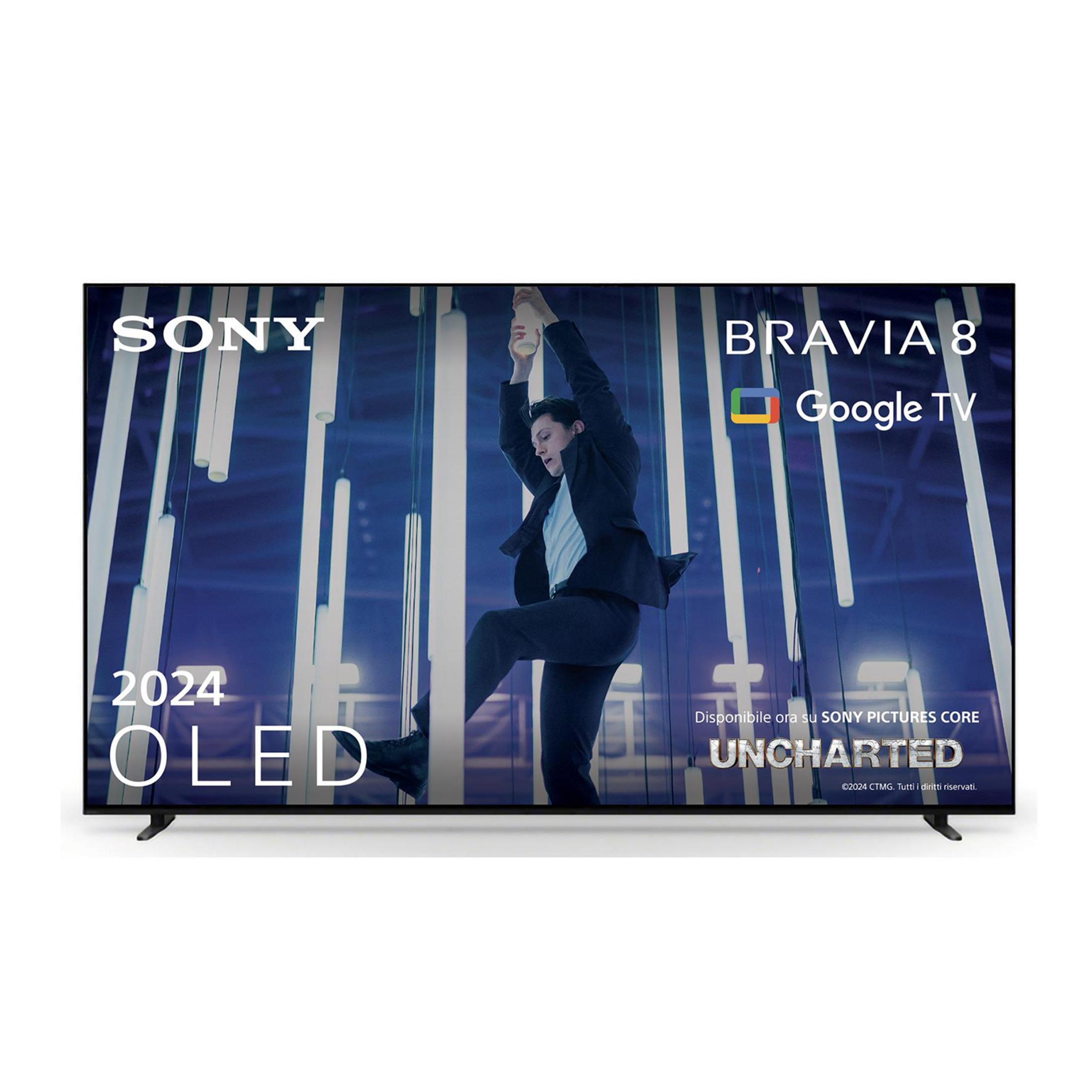 Ein Mann klettert an einem Seil; Sony Bravia OLED TV mit Google TV und Uncharted.
