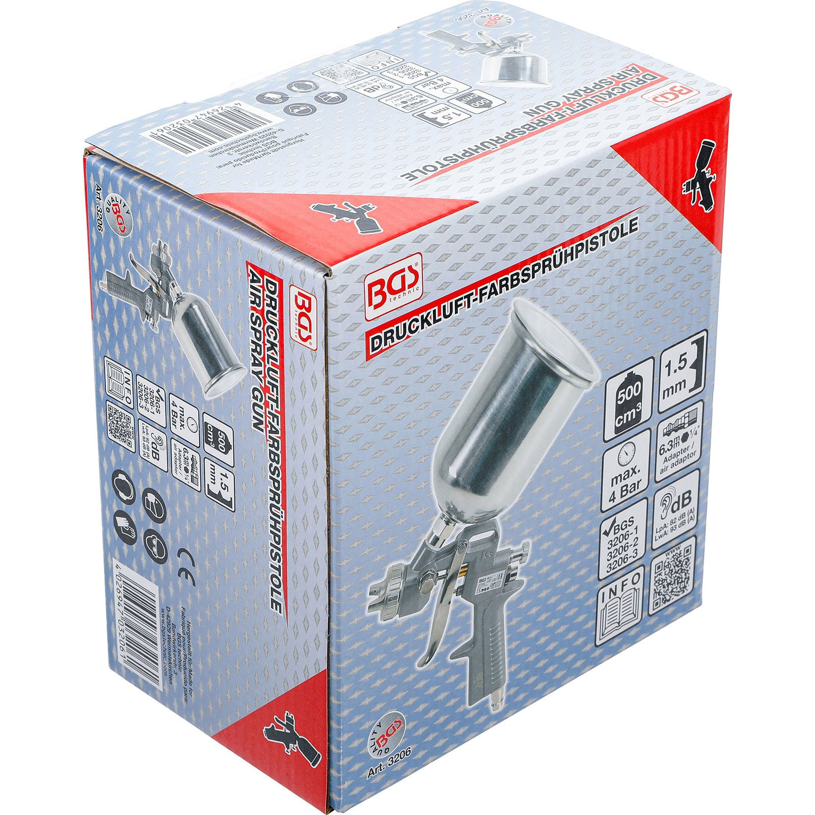 Verpackung einer BGS Druckluft-Farbsprühpistole mit technischen Daten.