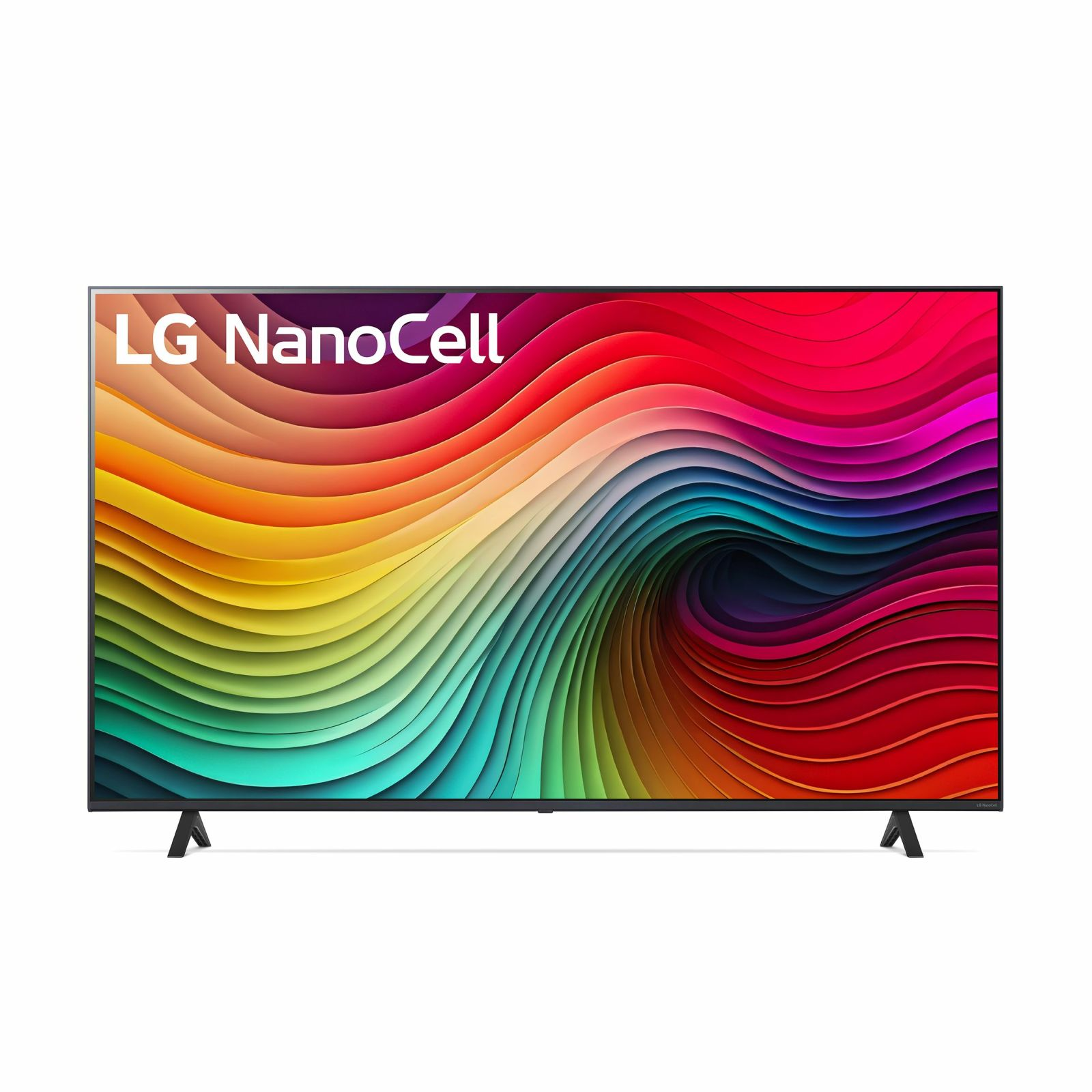 Telewizor LG NanoCell z kolorowym, falistym wzorem na ekranie, dwoma podstawkami.
