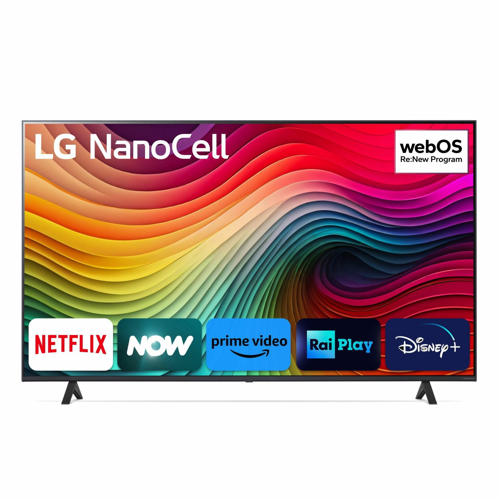 Telewizor LG NanoCell z kolorowym tłem i logotypami aplikacji: Netflix, NOW, Prime Video, Rai Play, Disney+.