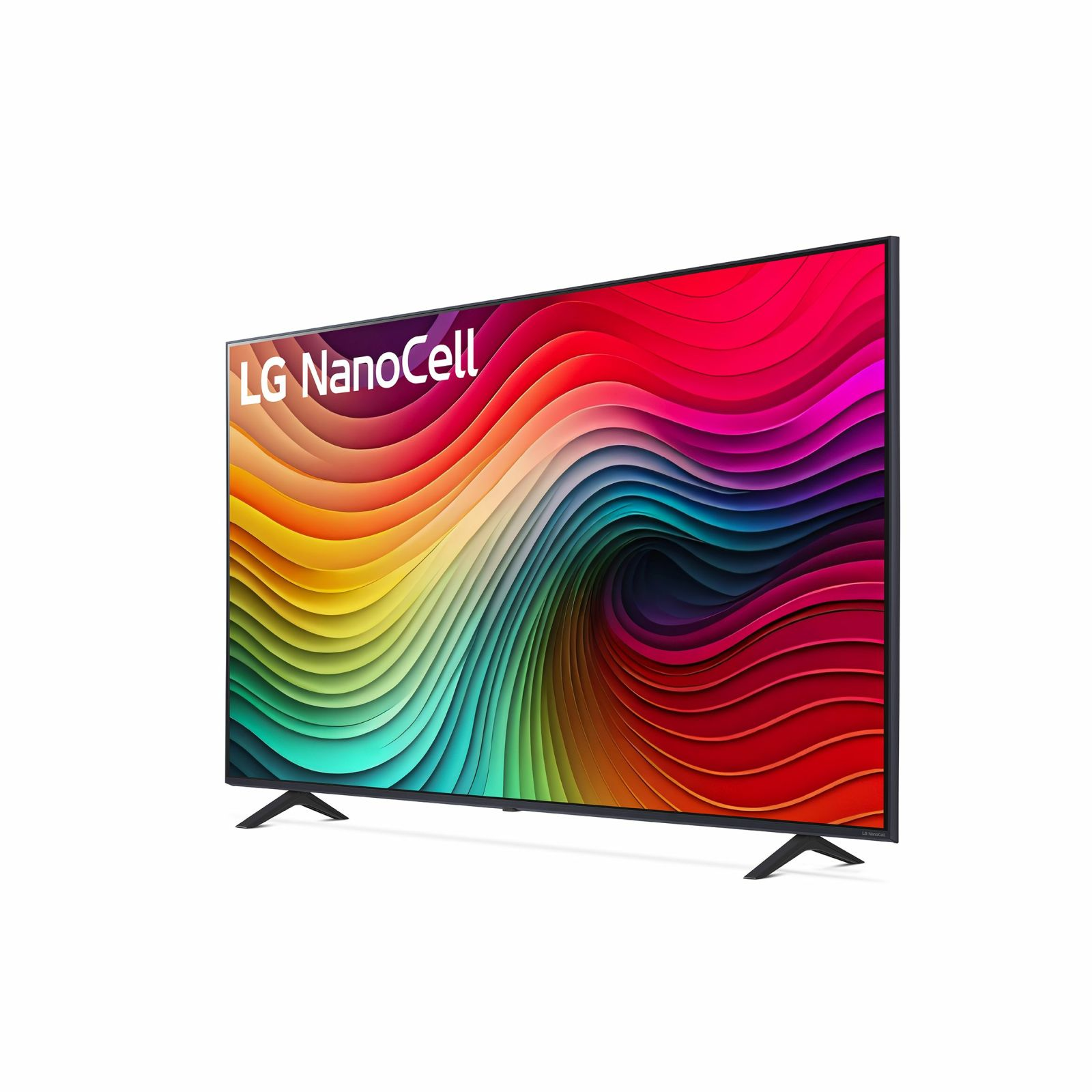 Telewizor LG NanoCell wyświetlający kolorowy, falisty wzór na ekranie.