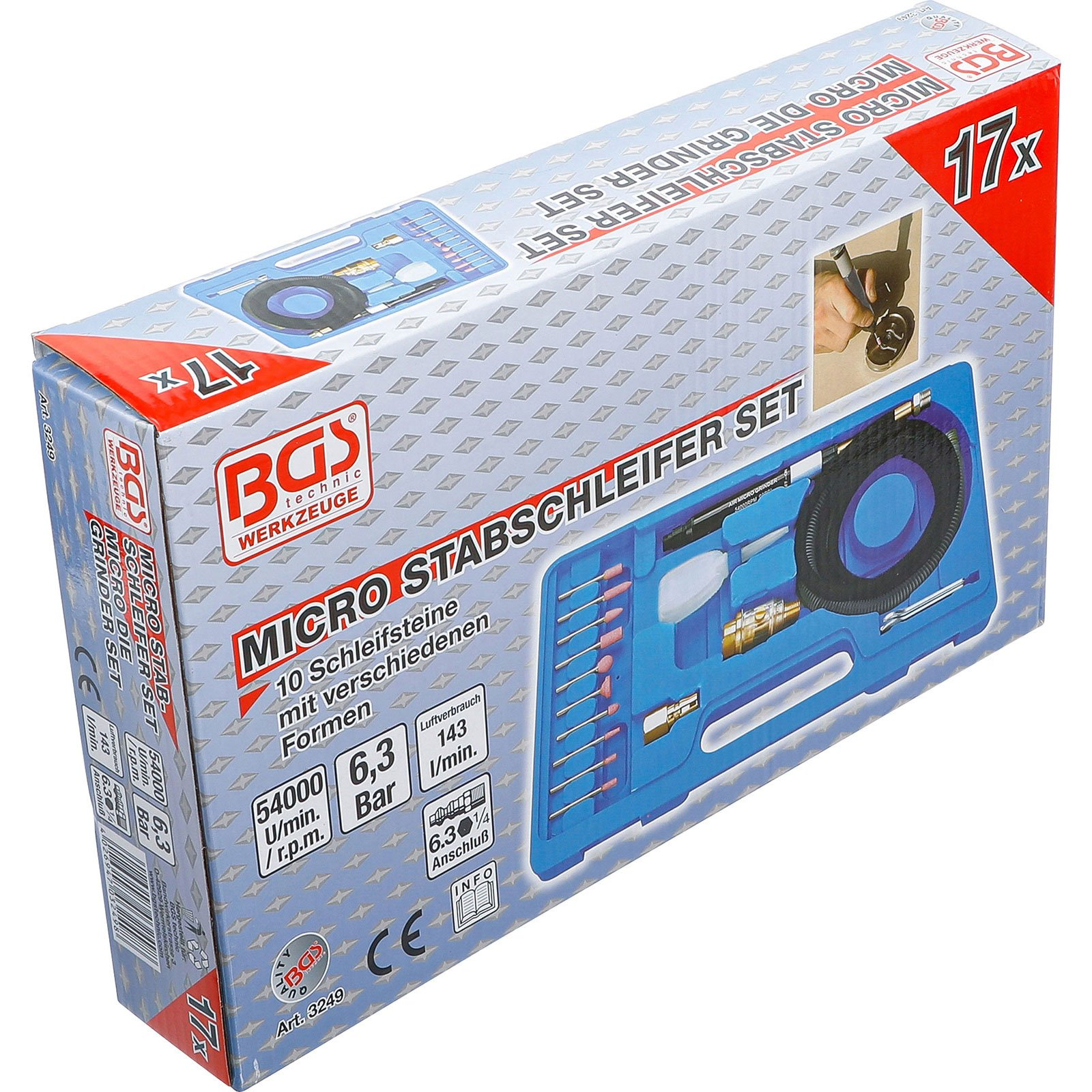 Verpackung eines BGS Micro-Stabschleifer-Sets mit Zubehör und technischen Daten.