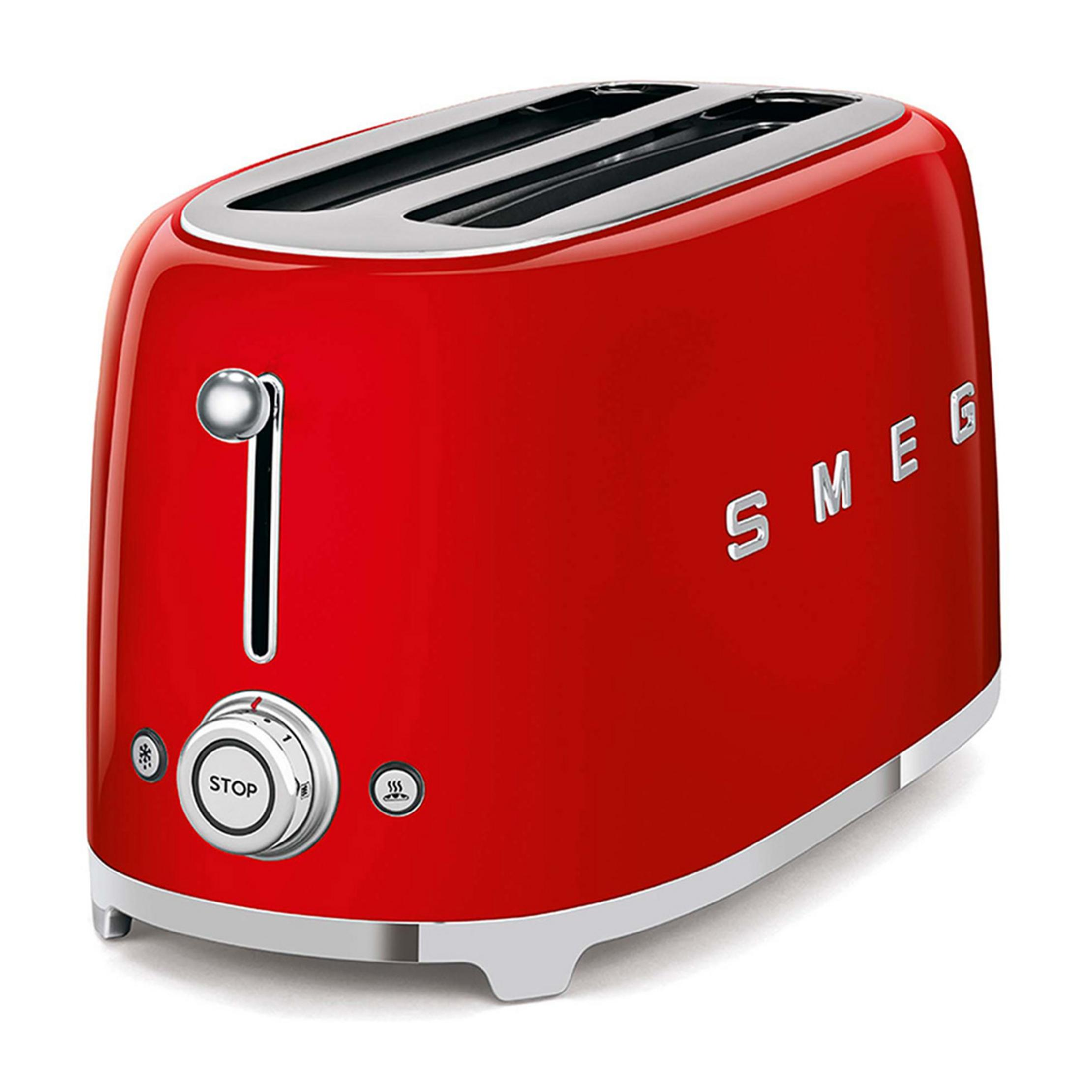 Un tostapane SMEG rosso con accenti cromati e pulsante 'STOP'.