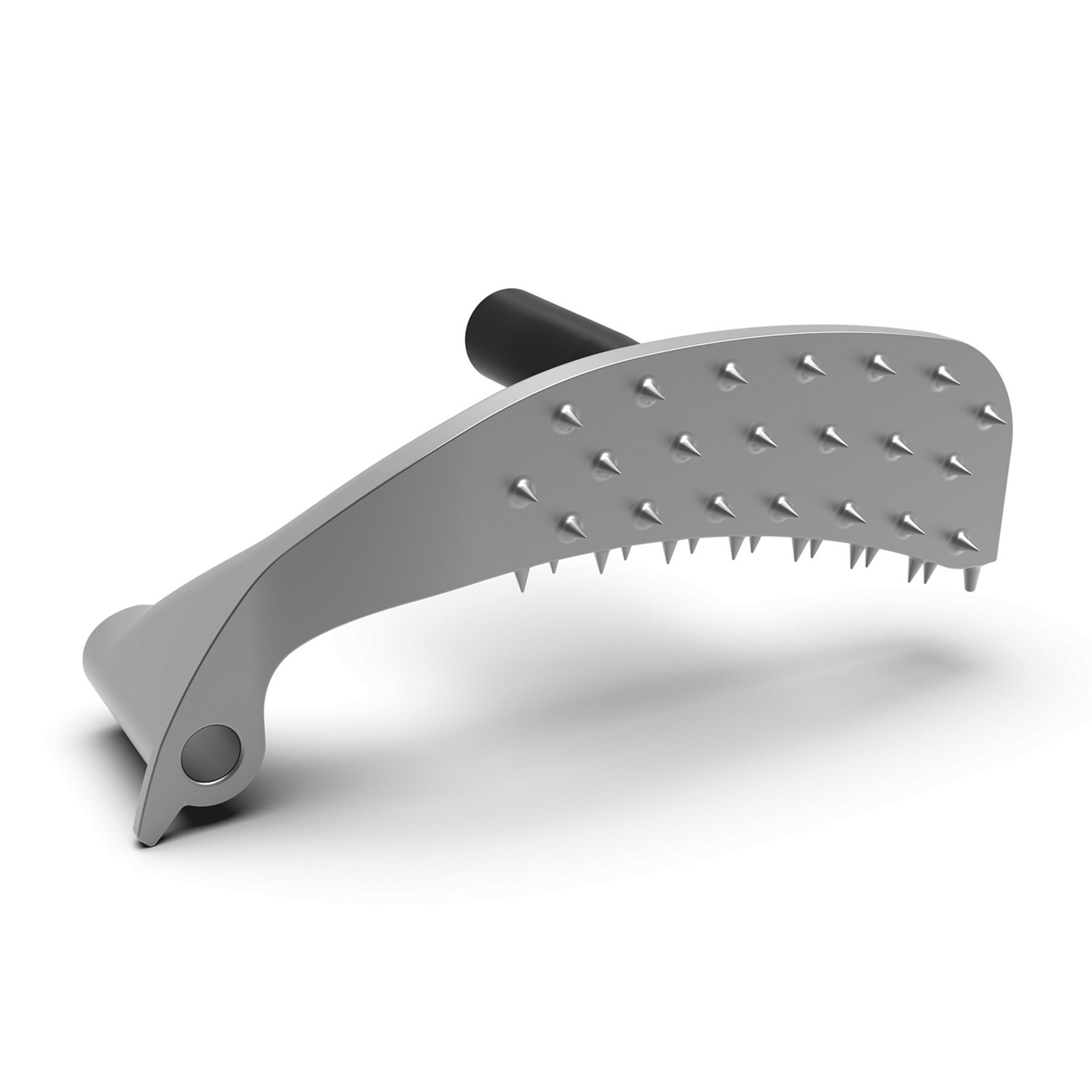 Metalowe narzędzie z czarną rączką i ostrymi kolcami.