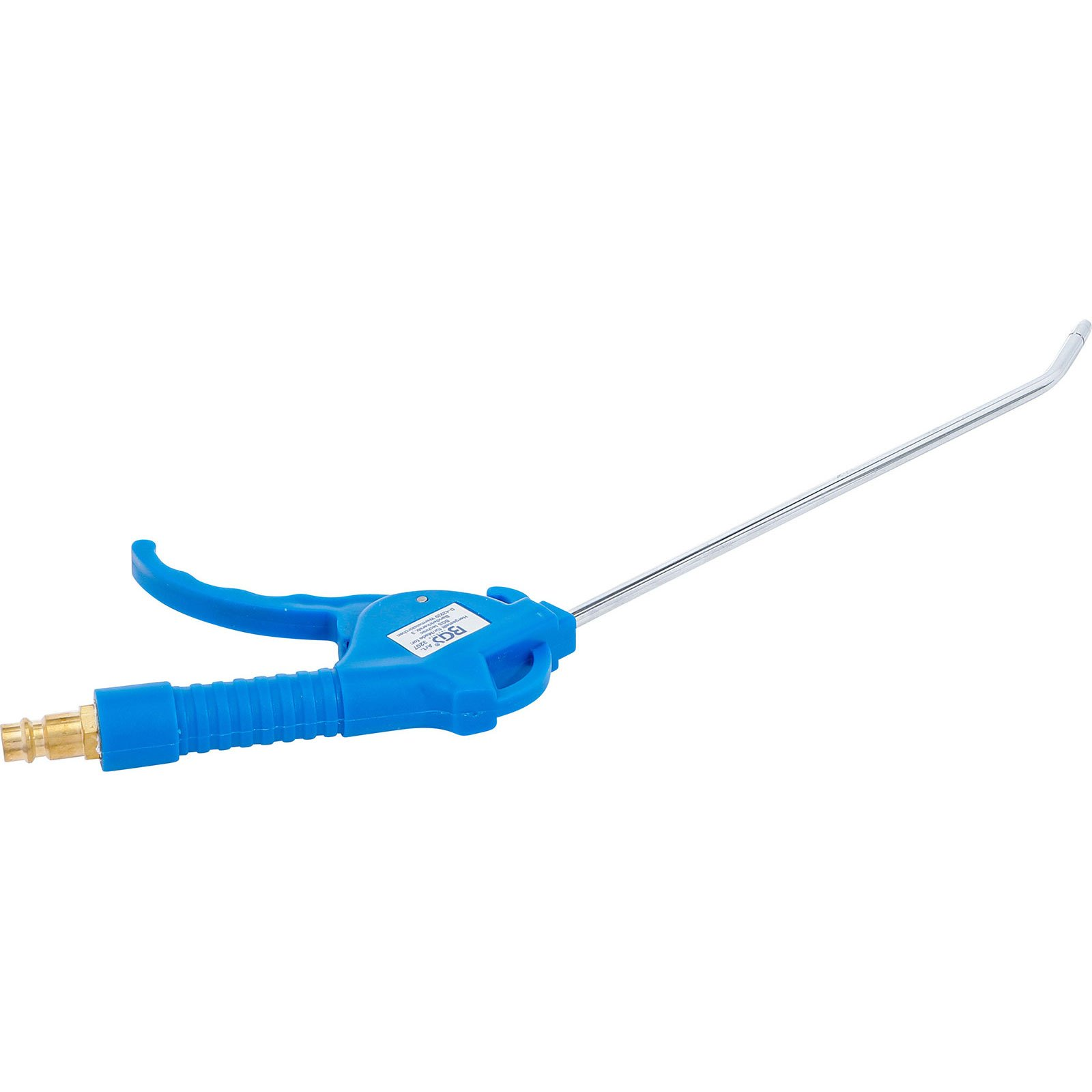 Blaue Druckluftpistole mit silbernem Röhrchen und Messinganschluss.