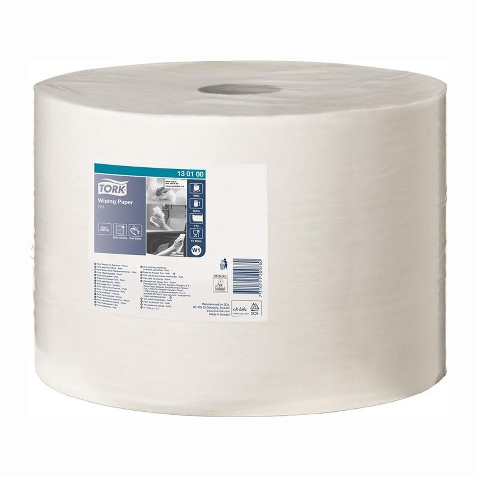 Eine große Rolle weißes Wischtuchpapier mit einem Tork-Etikett.