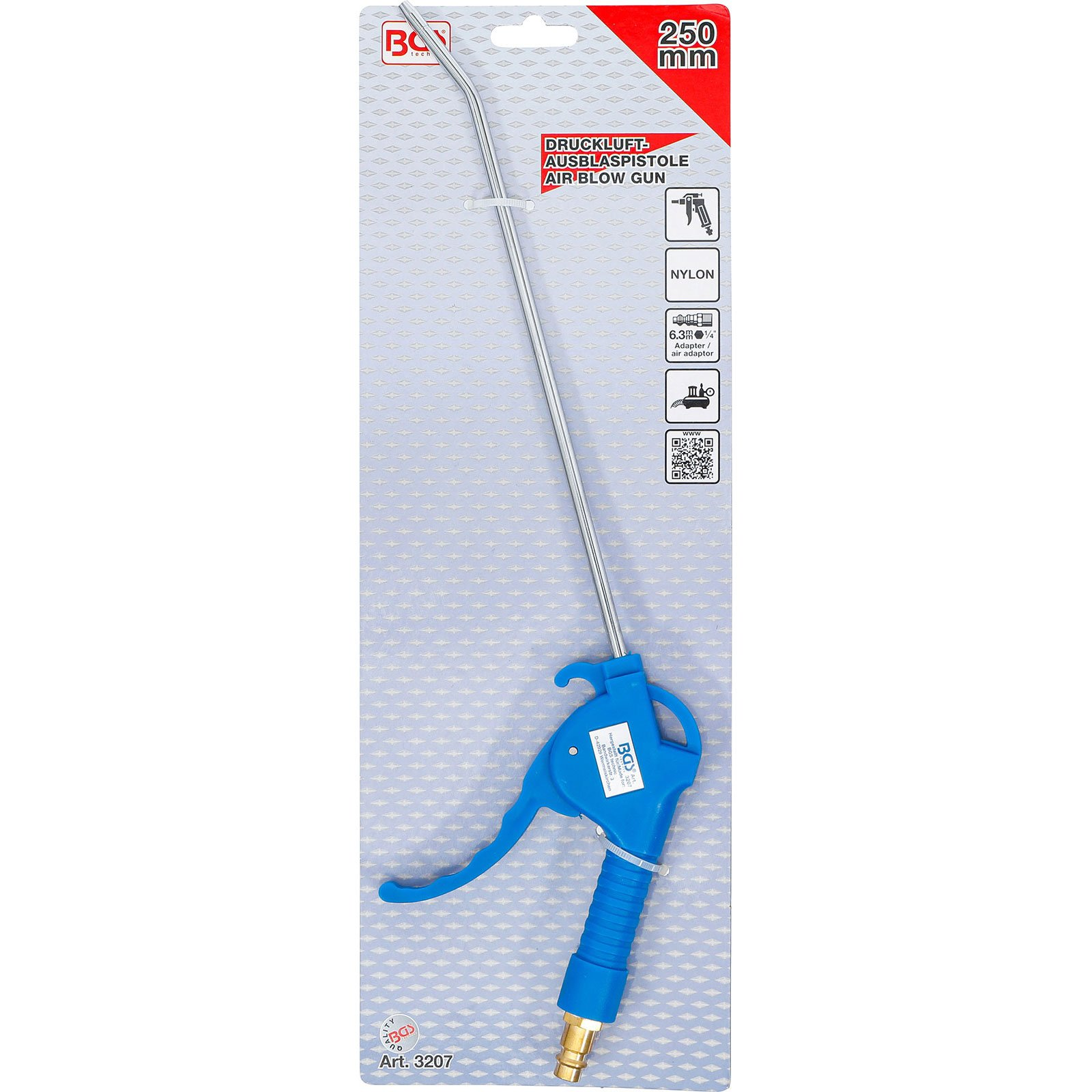 Eine blaue Druckluft-Ausblaspistole mit langem Metallrohr, verpackt.