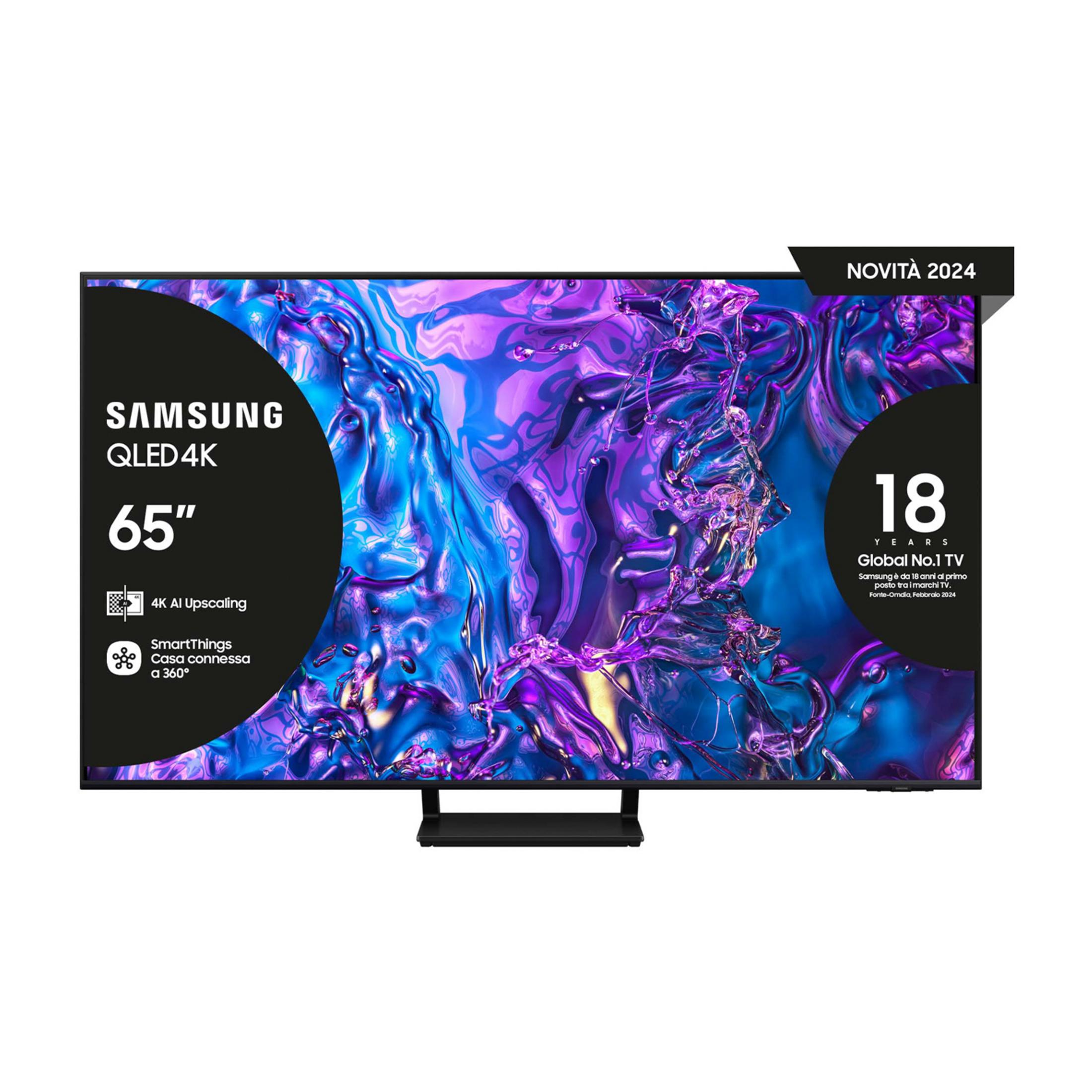 Telewizor Samsung QLED 4K 65" wyświetla żywy, fioletowo-niebieski obraz abstrakcyjny.