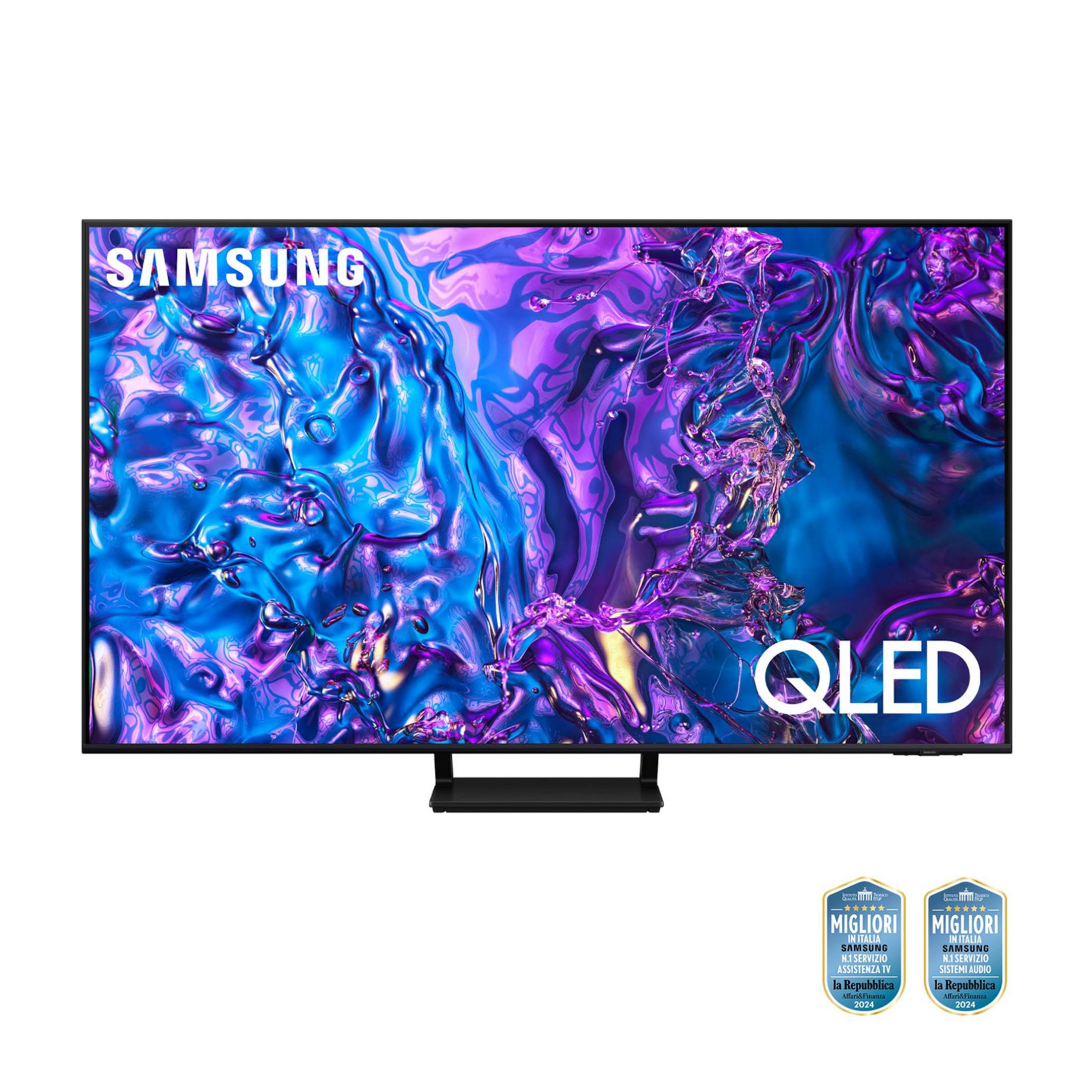 Telewizor Samsung QLED z abstrakcyjnym niebiesko-fioletowym tłem.
