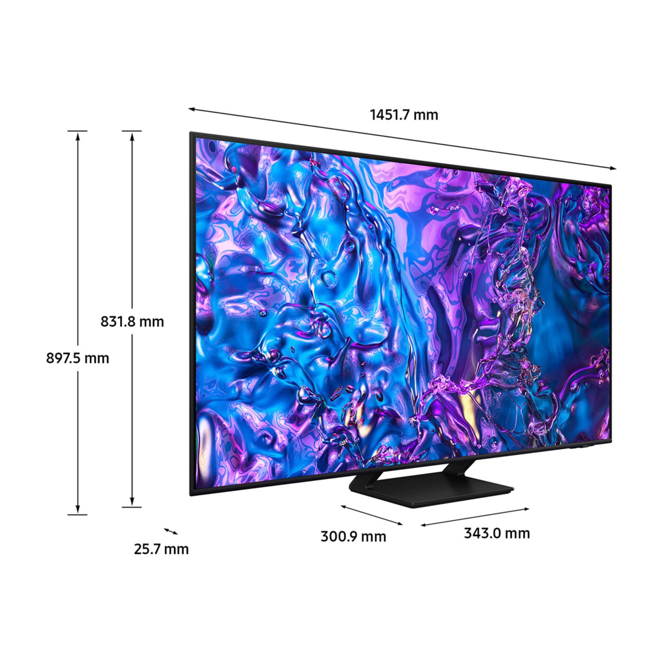 Nowoczesny telewizor wyświetlający abstrakcyjny, płynny obraz w kolorach niebieskiego i fioletu.