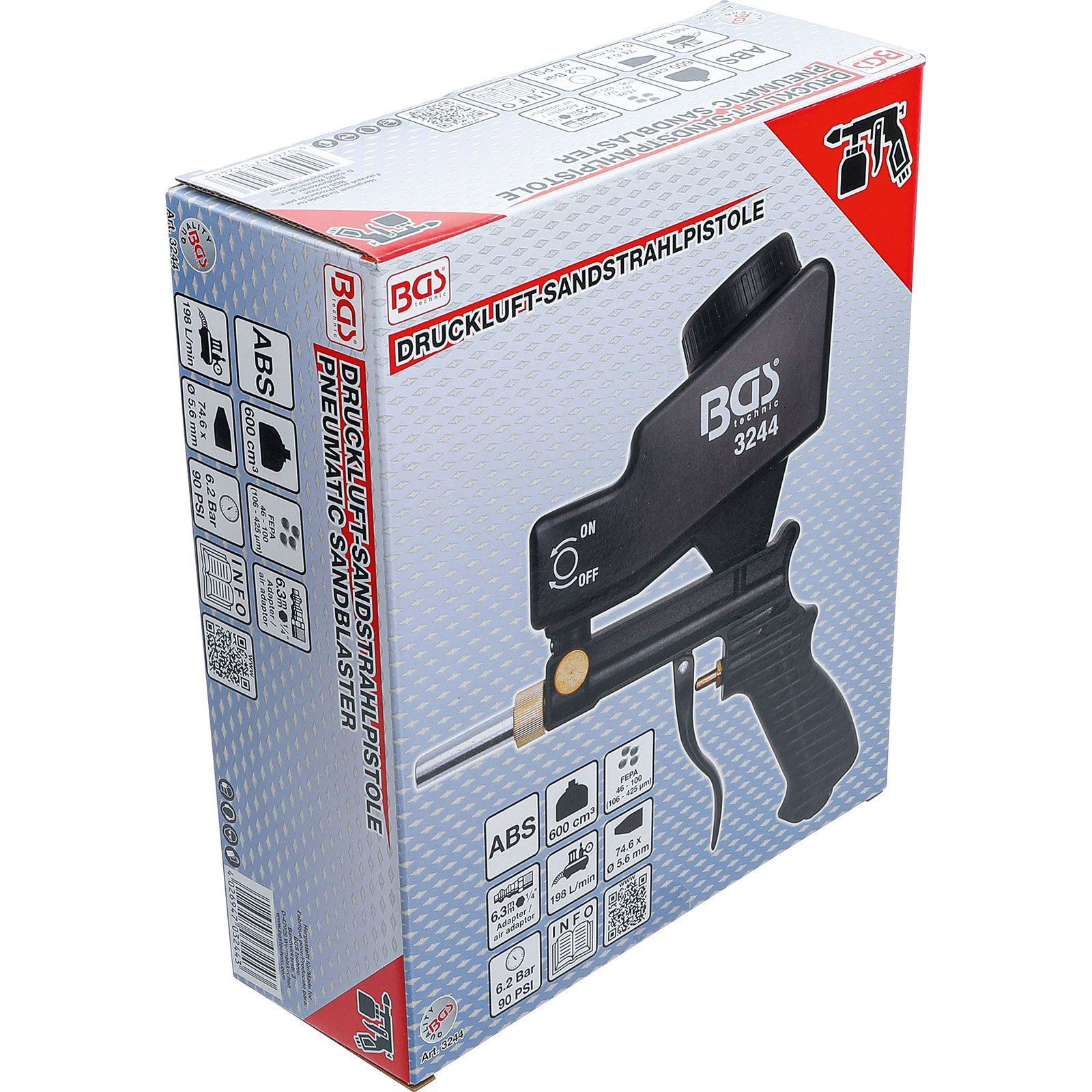 Verpackung einer schwarzen Sandstrahlpistole mit technischen Details und Markennamen.