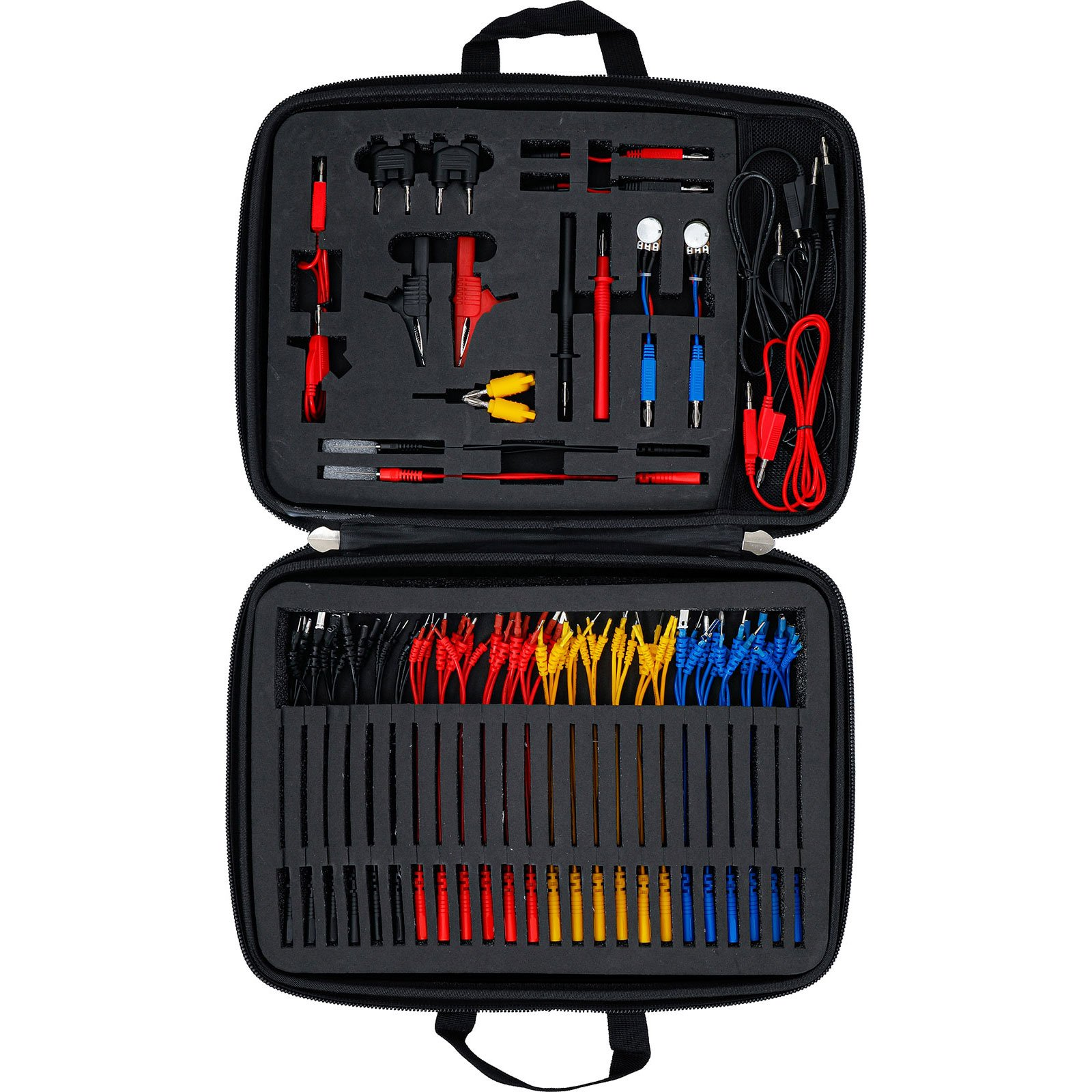 Geöffnete schwarze Tasche mit organisierten elektrischen Prüfkabeln und Werkzeugen.
