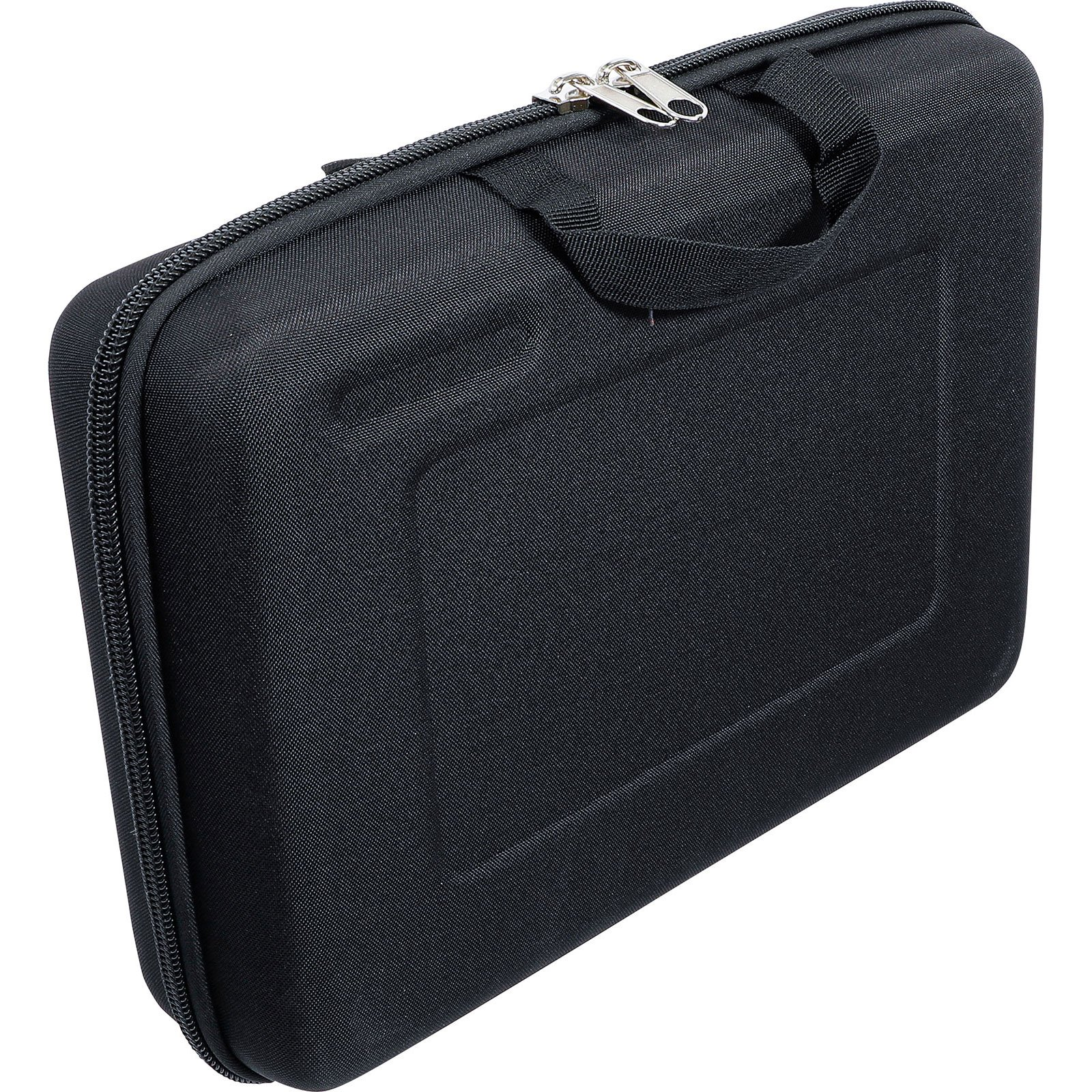 Schwarze Tasche mit Reißverschluss und Tragegriff.