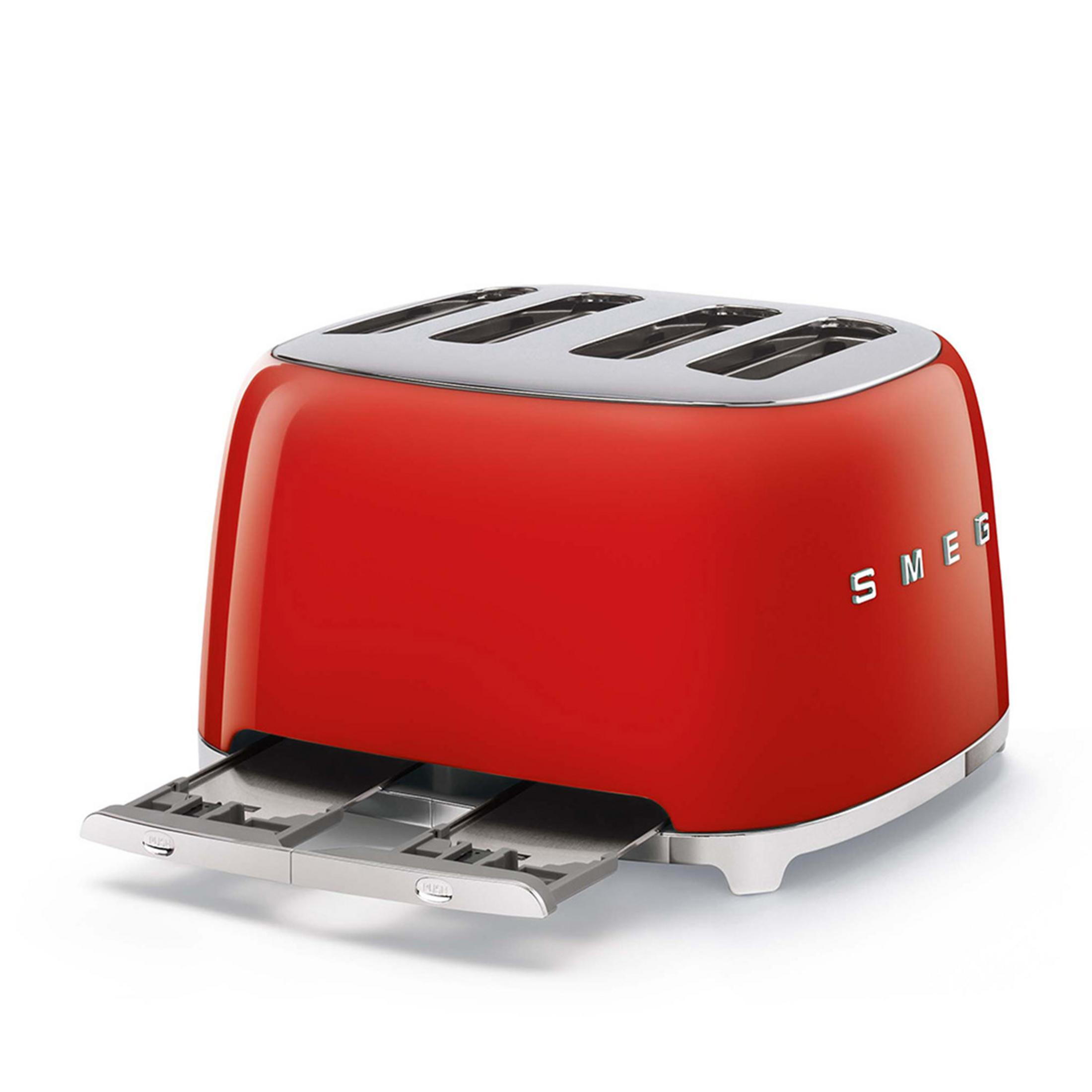 Una tostadora roja SMEG con cuatro ranuras y detalles cromados.