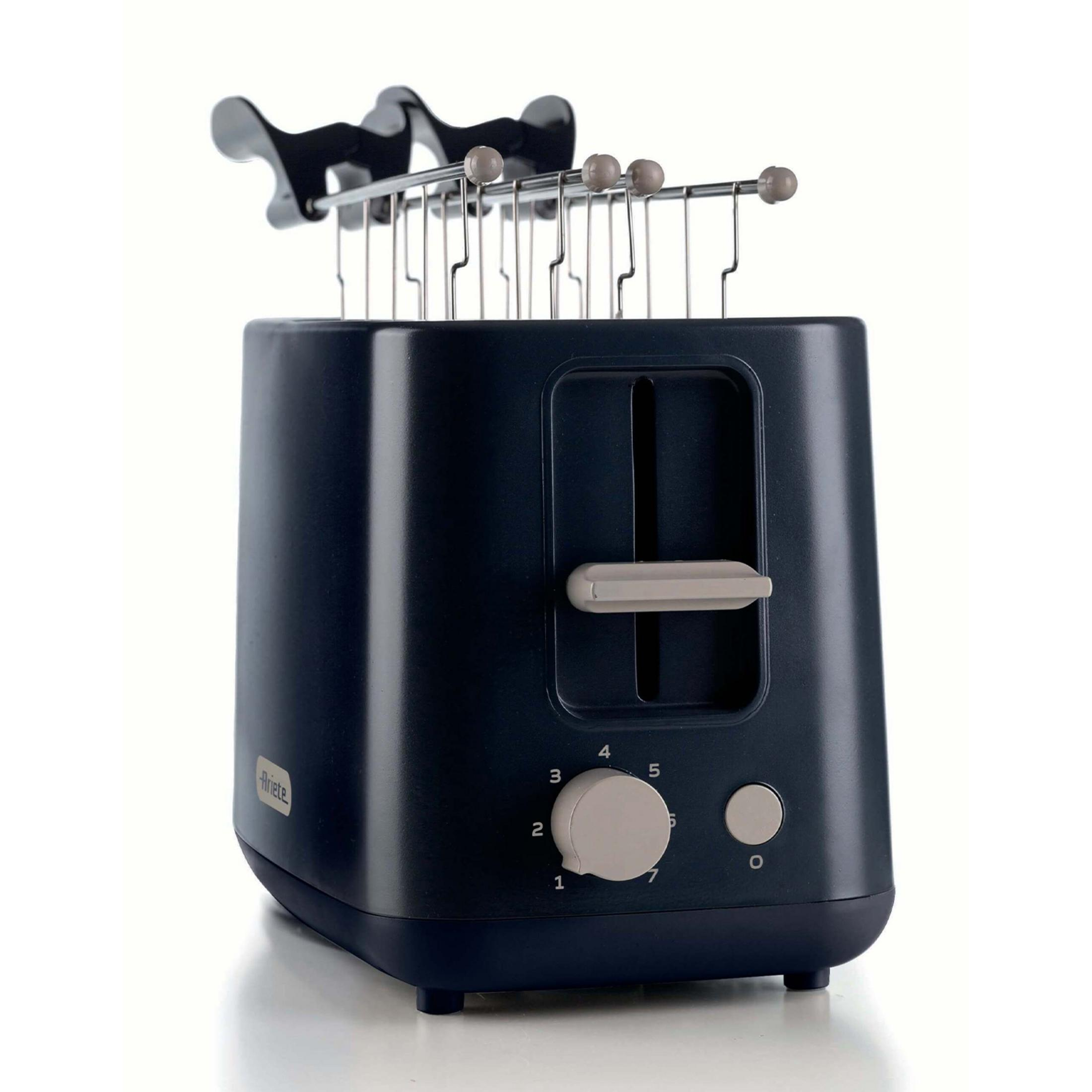 Ciemnoniebieski toster z chromowanymi dźwigniami i pokrętłem stopniowania opiekania.